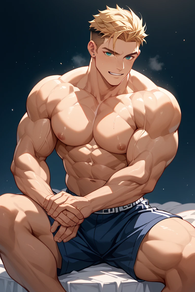 A very muscular, blond, very hairy, blue-eyed, attractive, shirtless, long, loose haired man who is flexing his biceps and is really attractive and is only in a thong
