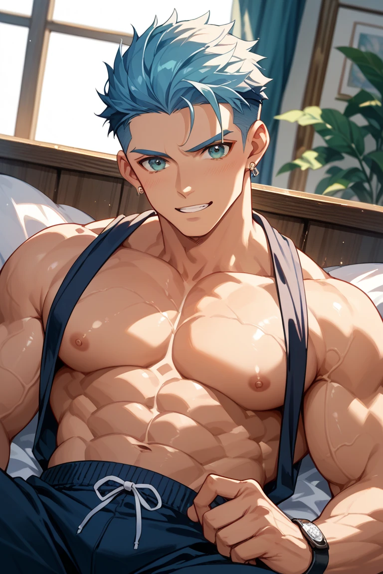 (hyper-realistic digital illustration), hires, best quality, boy wearing micro black thong, see-through black thong , front view, lying on his back, holding legs raised, athletic body, (white skin), bare chest, flat chest,(long green blue hair scruffy ), determined expression, small waist, muscular.