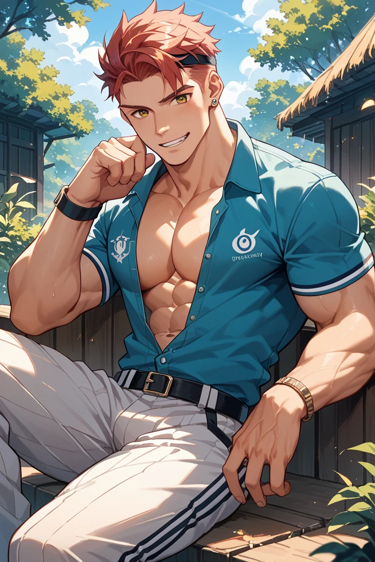 (masterpiece, Best quality 12 year old boy), 1 boy, adult, huge muscles, big body, Slightly modify the abdominal contour, Short blonde hair，brown eyes, complicated, Rainforest, Muscles sparkle in the sun，shirtless，Wearing khaki adventure pants，outdoor adventure boots,pained expression，bite lip， bright colors,(depth of field:1.2),looking at the audience, sit on stone, huge hyper muscle, huge chest, visible bulge, penis bulge