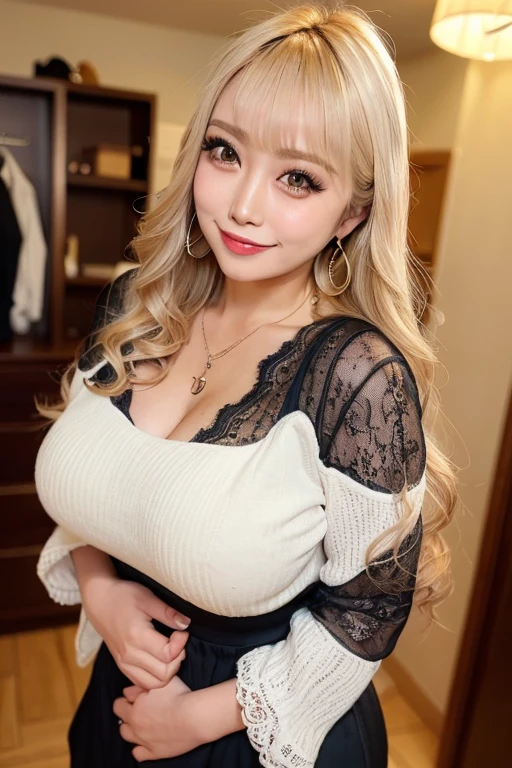 (((surreal woman)))、((very big cleavage))、(((blonde woman)))、(((University professor)))、Chubby body type、beauty、brown eyes、platinum blonde、very delicate skin texture、30 years oldのすっぴん女性、((30 years old))、((sexy woman))