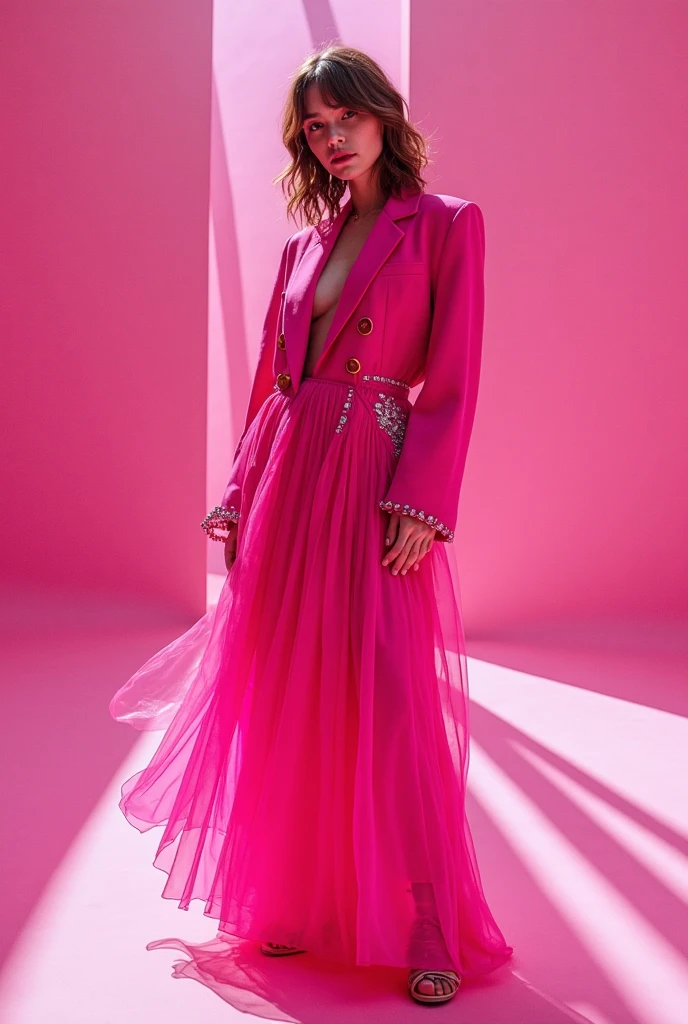 uma mulher em um vestido rosa posando para uma foto, revelando vestido elegante, vestido sexy, vestido de sereia de glitter rosa, vestido aberto, vestido rosa, vestido decotado, vestido sexy, vestido cintilante de diamante, senhora semi-virada em vestido de noite, usando um vestido rosa, vestido, com cores rosa suaves, vestido vestido bonito vestido, detalhes requintados e suaves