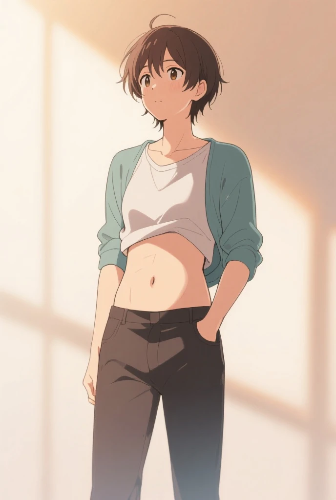 Teen boy 14 years old, boy wears a crop top and too very short shorts,