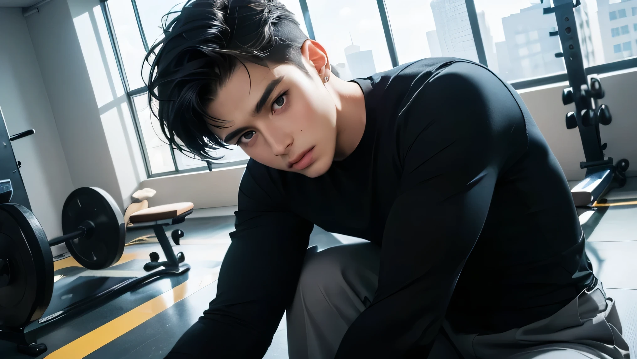 Japanese male handsome very short black hair tight long sleeves Light Colored Tight Long Pants I can see the blue sky large room with glass floors and ceilings private gym Composition with a very big face From the shoulders up and look at the camera Future City very short black hair True Face sexy face Face up more sit on the floor with legs open