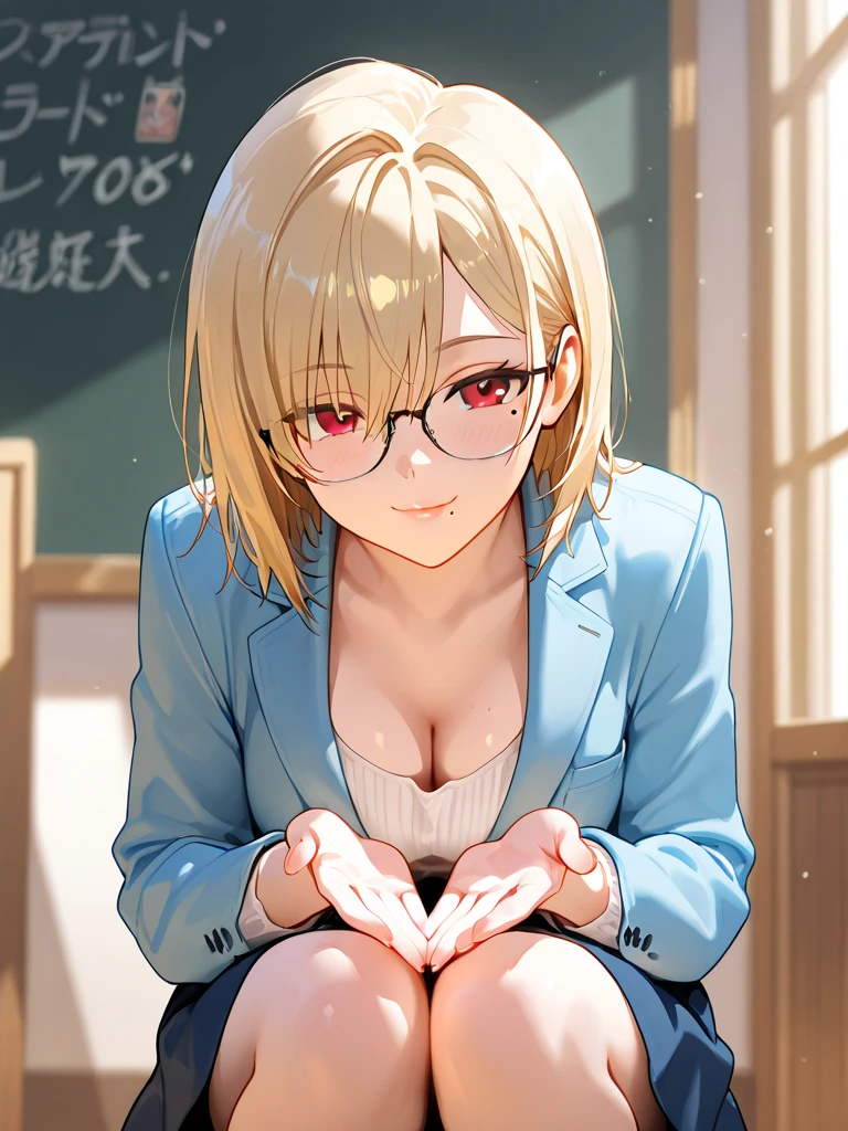 1 female,12 years old,blonde,(miniskirt and big white tank top, (), , natural smile,,frameless eyeglasses,(((leaning forward)))
