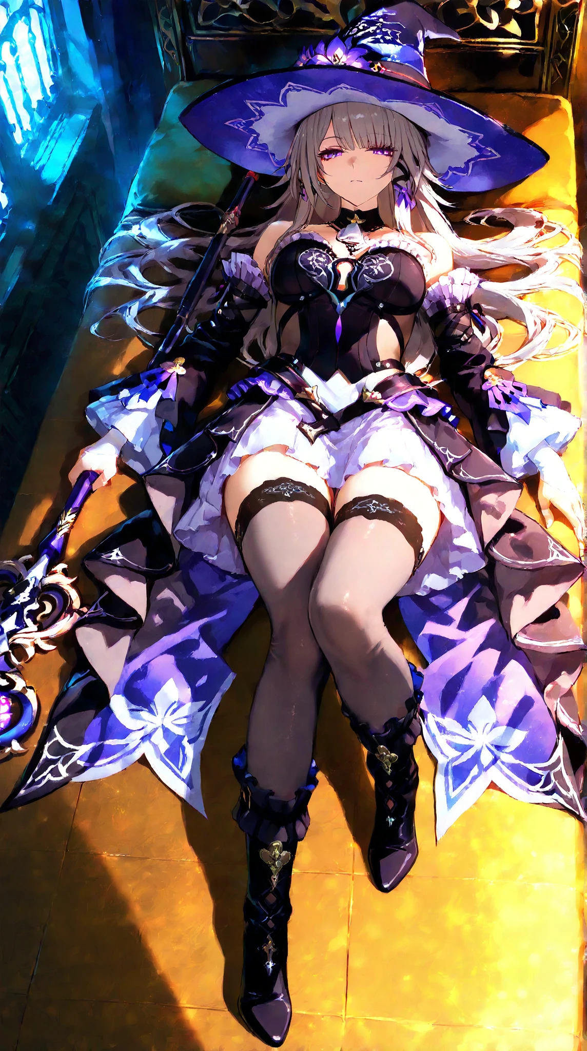 ((BLACK SWAN_HONKAI STARRAIL)),((realistic, photorealistic)),(highlight hair)), Light reflection, (( HD )),((upper body)), (((best quality, masterpiece))), (masterpiece) (best quality) (detail) (8k) (HDR) (wallpaper) (cinematic lighting) (sharp focuasterpiece, best quality: 1.1), Real life adaption of this character, Asian teen beauty face, Shining green eyes, realistic outfit, realistic shadow, realistic light, realism, hyper realistic,realistic hair, realistic background,(photorealistic:1.2), 1girl, glow purple,Cloth mat background, lying down, hair loose,Hooded,white hair,Reflection of window light,Luxurious candles,glow effect, foreground candle, Particles light,Black Gloves,floating hair,Candles, divination cards, divination balls, deer antler head, white hair with purple gradient, mirror, black gloves,