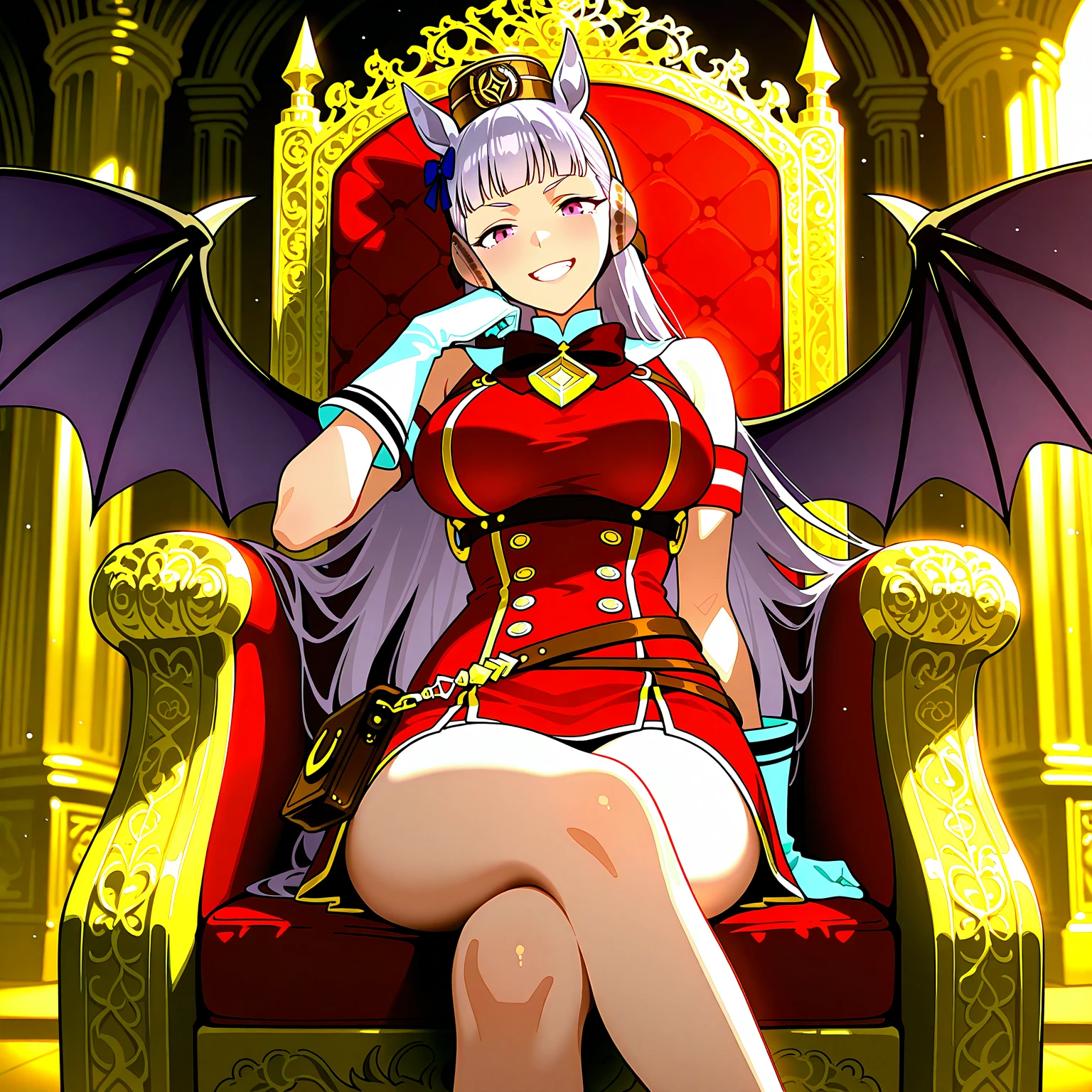 masterpiece, best quality, highly detailed, 1girl, throne, sit, smile, looking at viewer, red eyes, long hair, demon girl, skull throne, crown, wings, horns