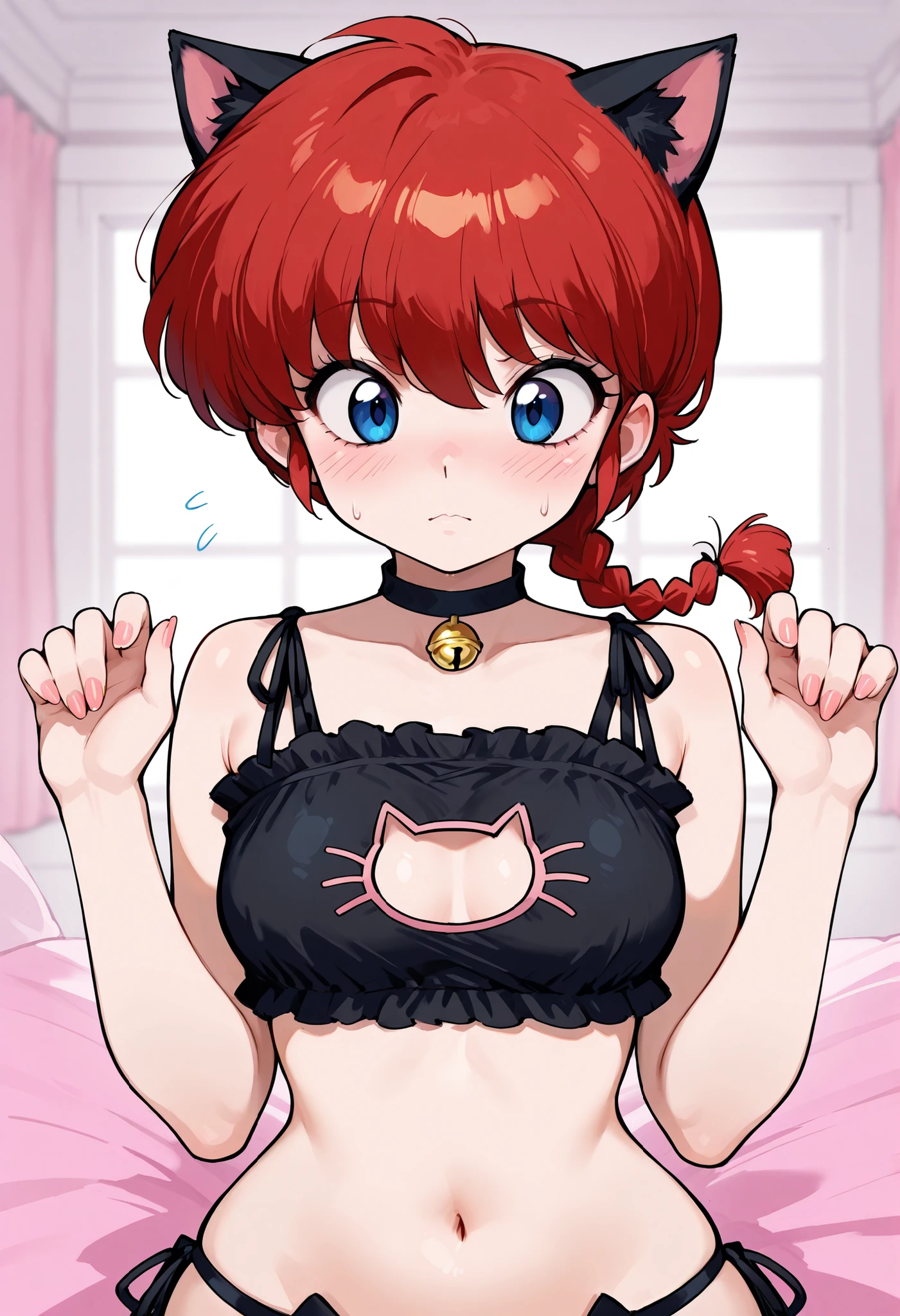 safe_pos, Ranma Saotome. red hair. pigtail. blue eyes. braid. small breasts. huge hips. necklace. black eyeliner. pink manicure. | masterpiece, best quality, amazing quality, cowboy_shot, bedroom_background, ((( cat lingerie, upper body))), masterpiece, best quality, cinematic lighting, amazing quality, very aesthetic, 4k, upscale, absurdres, solo, blush, Flatline style, Flat vector illustration