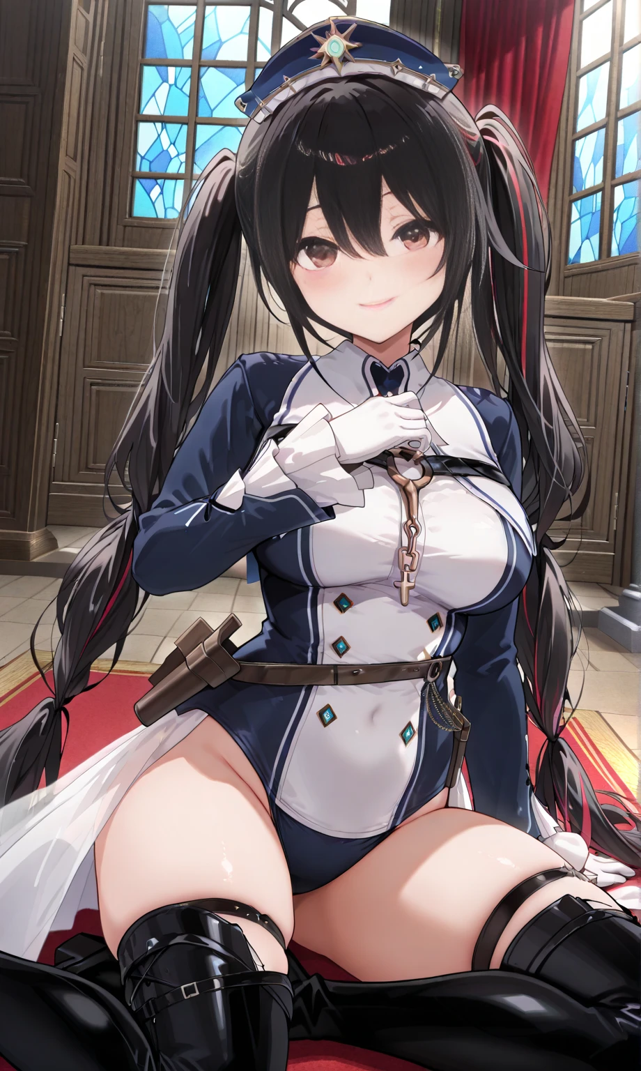 (best quality, In 4K, 8K, High resolution, muste piece:1.2),solo woman,Super detailed, (Reality, photorealistic, photorealistic:1.37),  30 year old woman,ripe woman,Mature woman,((inside a church),muste piece, Top quality, Ultra-fine,maximum resolution, Extremely detailed, ((nun,Angle from below,high neck,White panties,thigh high socks)),Cord,Black hair,Seductive thighs,mini skirt,long hair