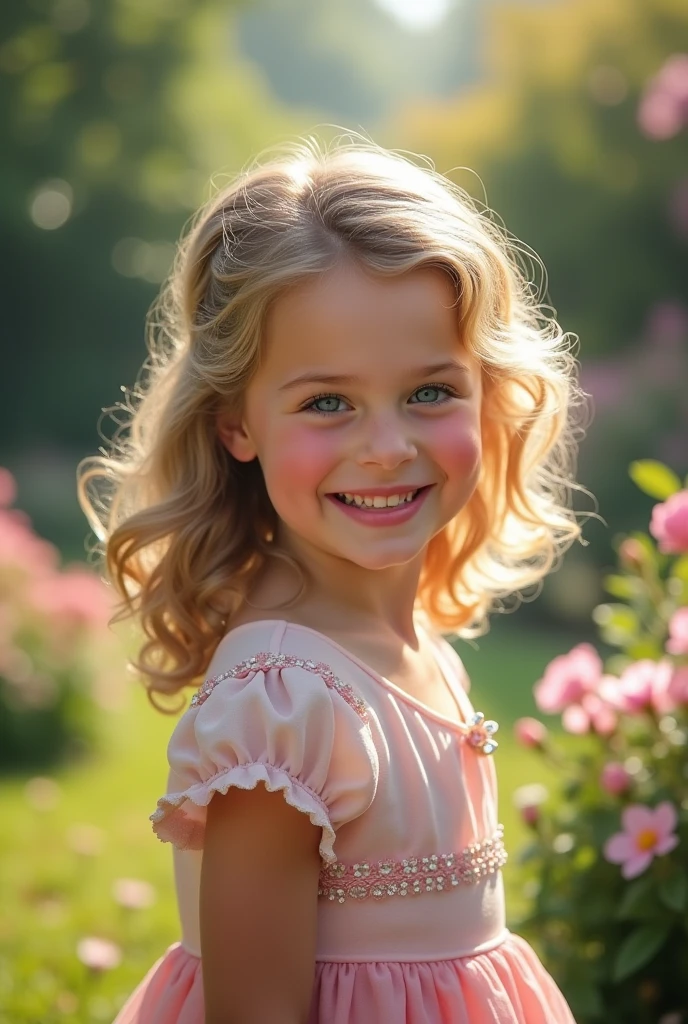 a 3-year-old child (((sorrindo))), (((symmetric, Pose frontal))), (((vestido delicado))), 8k foto retrato suave, (((hugging a bouquet of flowers))), Por Lilia Alvarado, lovely digital painting, bonita, retrato bonito da menina retrato close-up, medium portrait soft light, imagem retrato bonita, Luz suave do retrato, retrato da menina, Retrtorrealista, (((blond and curly hair))) , (((flowery scenery))),