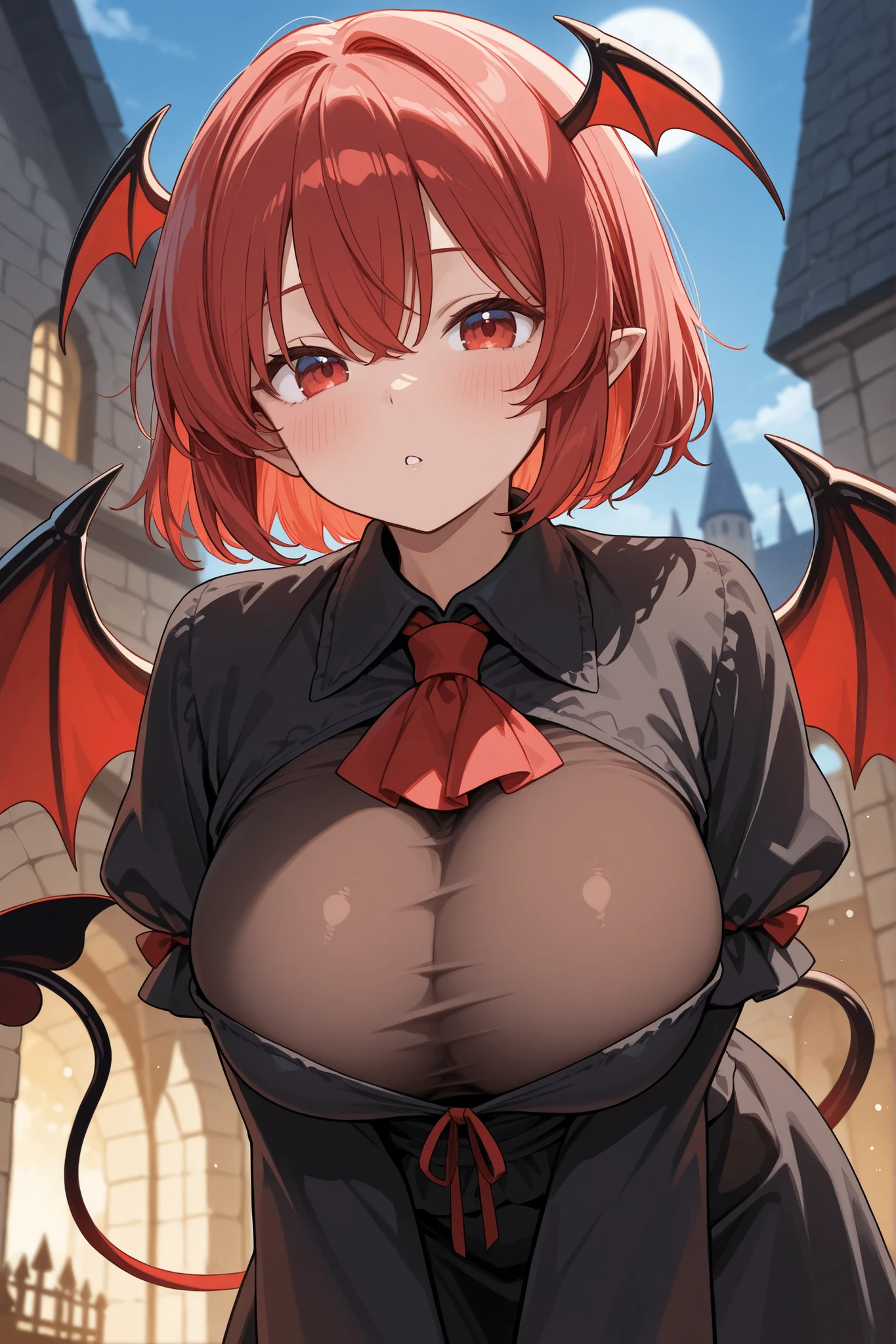 One woman,(From the waist up:1),Big Breasts,Woman with short red hair,(vampire:1),Showing fangs from mouth