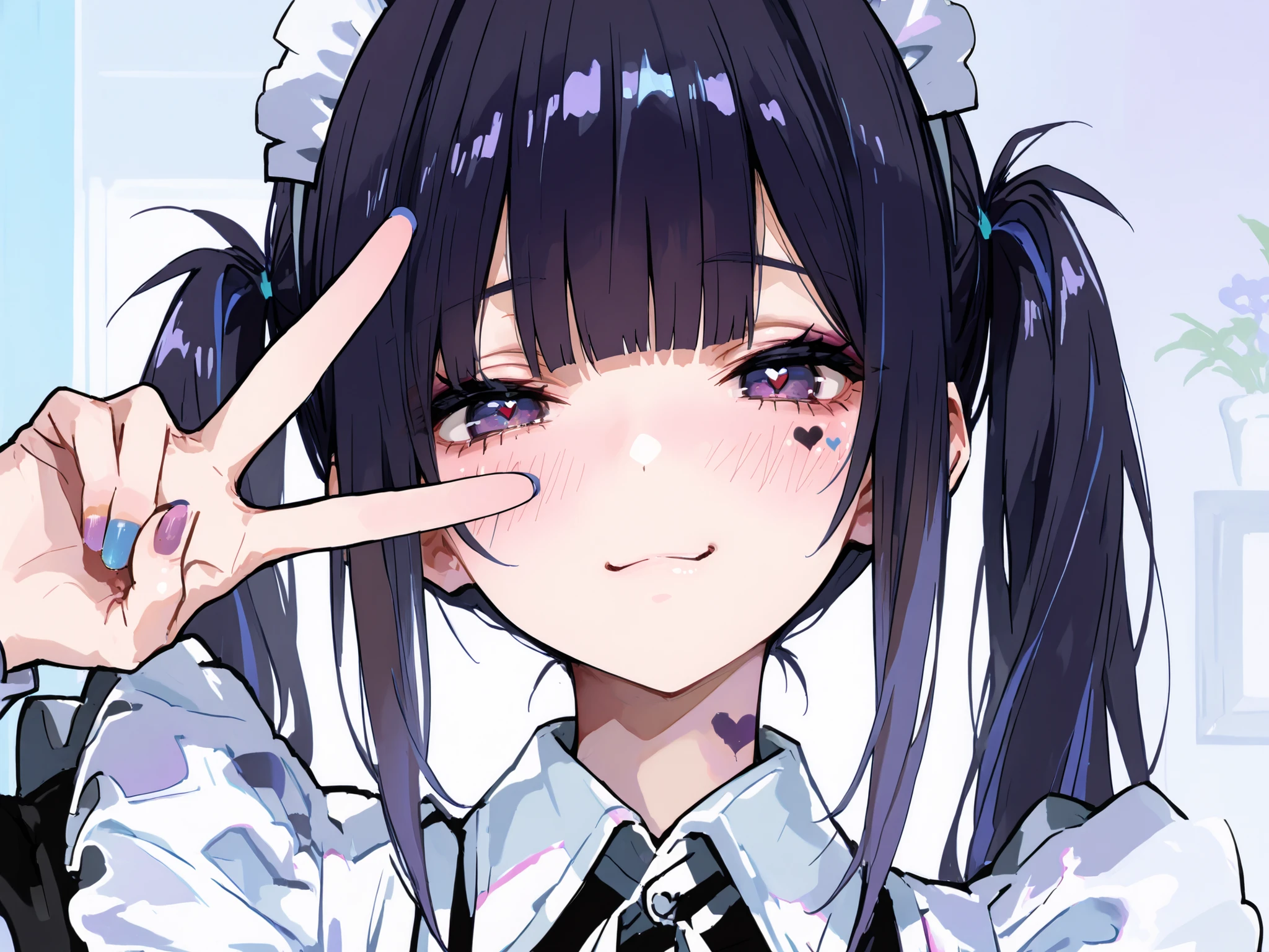  best quality, masterpiece, 748cmstyle, 1girl, heart facial mark, v over eye, nail polish, looking at viewer, purple eyes, purple nails, giggle, dark hair, blush, upper body, smile, maid apron, maid headdress, collared dress, white apron, twintails, blunt bangs, multicolored hair, blue nails, sidelocks, hand up, fingernails