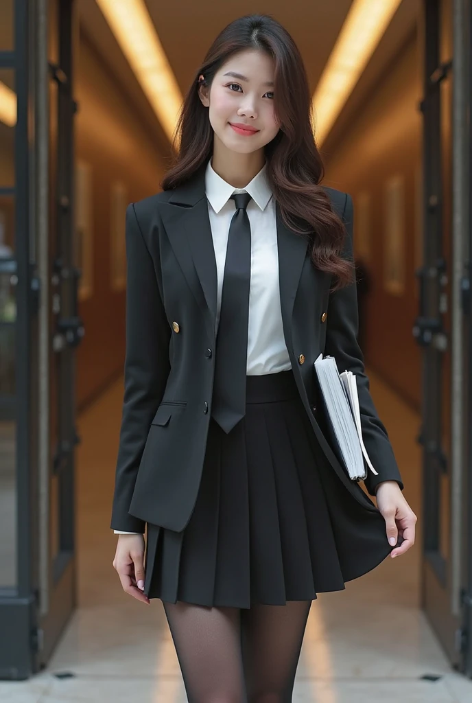 1girl, (white collared shirt, blue pleated skirt, blue blazer1:1), red bow, <lora:leco_LessToLoCh_v1_hap:0>