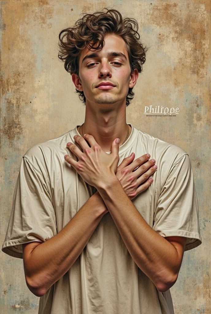 1 man with short hair, thin eyebrows, tattoo on his right arm saying faith in god, skin color paçoca, thin, no beard