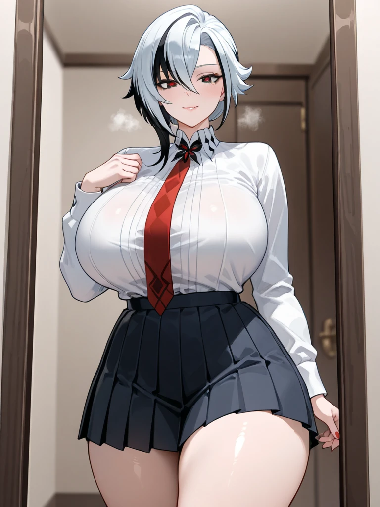 neferpitou, neferpitou, short hair, (red eyes:1.5), animal ears, hair between eyes, tail, white hair, cat ears, cat tail, cat girl, curly hair, thick thighs, gigantic breasts, thin waist, high heels, evil smile, BREAK long sleeves, shorts, striped, buttons, brown shorts, shirt, collared shirt, blue shirt, BREAK looking at viewer, BREAK indoors, classroom, (cowboy shot:1.5), BREAK (masterpiece:1.2), best quality, high resolution, unity 8k wallpaper, (illustration:0.8), (beautiful detailed eyes:1.6), extremely detailed face, perfect lighting, extremely detailed CG, (perfect hands, perfect anatomy),