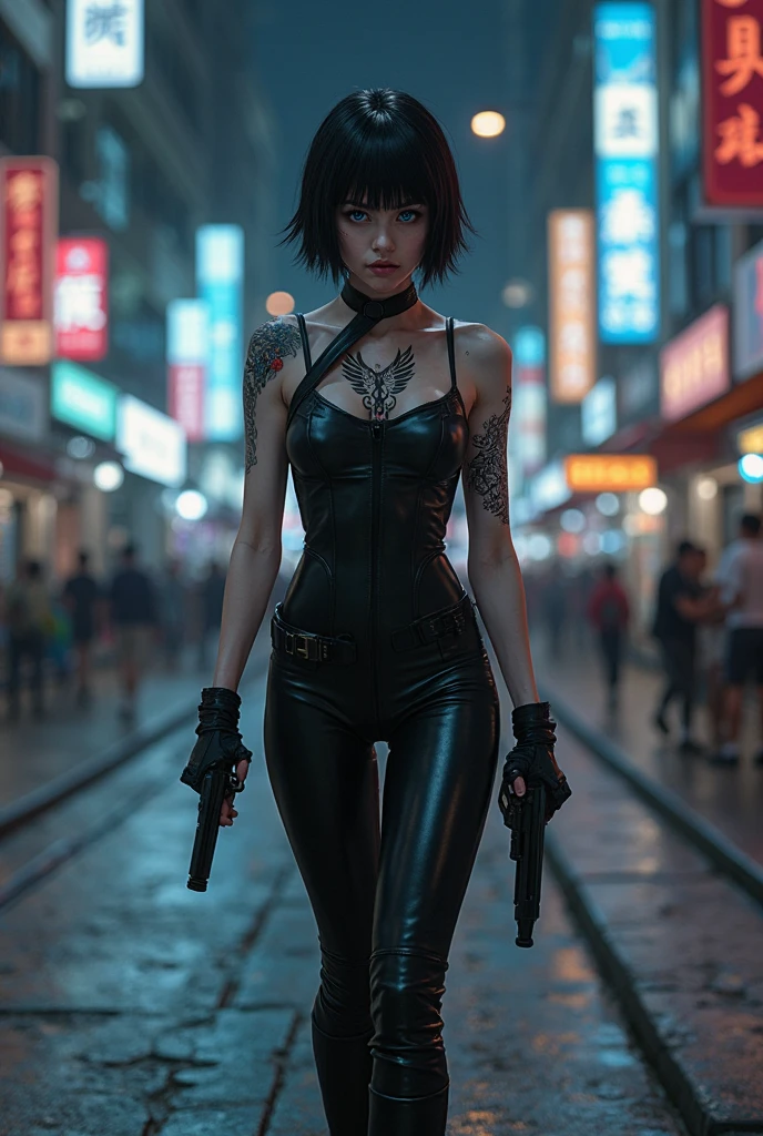 At night, dark sky, aerial view of fantasy cyberpunk style ((Moai-statue)) city, ((flying vehicle)). ((1girl, solo, alone)), photo realistic, medium-breast:1.1 slim body, cleavage, sexy clothes, (black sunglasses), (((hip-up standing and pistol aiming pose))), half-body thigh level medium shot, cinematic lighting.