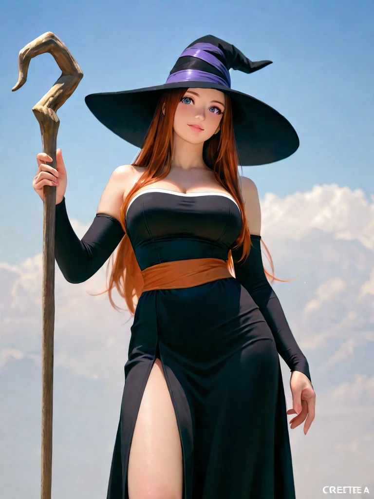 germany witch girl young girl beautiful breast pink lips long wavy ginger hair Sharp nose Wearing purple with hat wearing Sleeveless strapless luxury witch dress with long purple skirt, with Wood witch house background
