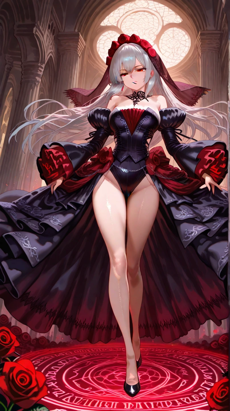 Describe a scene where a female vampire from the Tremere clan, with aristocratic features and mesmerizing eyes, is to seduce someone in a dark and mysterious environment. She is dressed in elegant clothes and displays an aura of power and mystery.... Your gaze is penetrating and seductive, as she uses her manipulation skills to lure the victim closer, involving her in a dangerous game of desire and fascination. The atmosphere around you is charged with tension and excitement., with shadows dancing around, further enhancing the atmosphere of seduction and mystery, wearing red lingerie, nsfw, high heel boots 