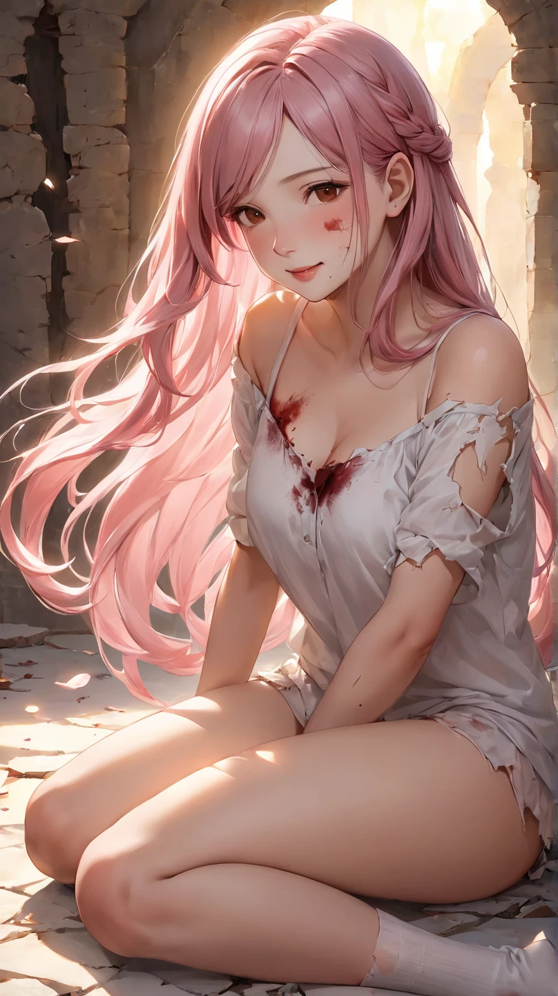 Pretty girl with pink hair,with hair dishevelled,hair messy,White light dress,Bare legged,Barefoot,Sick,Be covered in blood,Kitchen knife in hand,Covered in scars,murderer,Maniac,The pupil does not have highlights,Blood-colored pupils,Perverted,Sick,crazy,sneering,Rivers of blood,corpses everywhere,big laughter