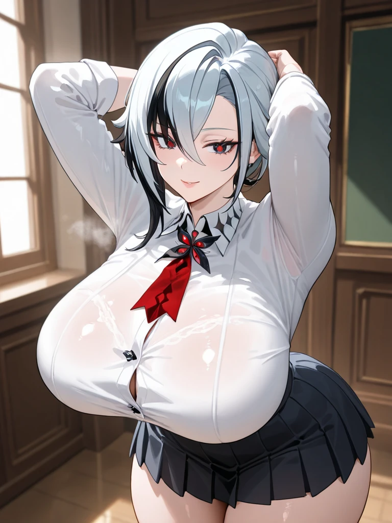 (masterpiece, best quality:1.3), (fisheye lens:1.3), Yagokoro Eirin, Touhou Series, perfect face, expressive eyes, 1woman, looking at viewer, 38 years old, gorgeous body, big breast, beautiful, anime, lora,1woman, silver hair, braid hair, nurse cap, red and blue clothes, long skirt, (evil look, looks down on viewer:1.5), (cinematic lighting, realistic, dream-like, enchanting atmosphere:1.3), (photo of a woman in her dark and mysterious environment:1.3), (the woman surrounded by an aura of mystery and intrigue:1.3), (a dark and mysterious laboratory decorated with many flasks, each filled with colorful liquids:2.0), (a crystal ball nearby, adding to the mystical setting:1.3), (a hint of incense in the air, adding to the sensory experience:1.3),