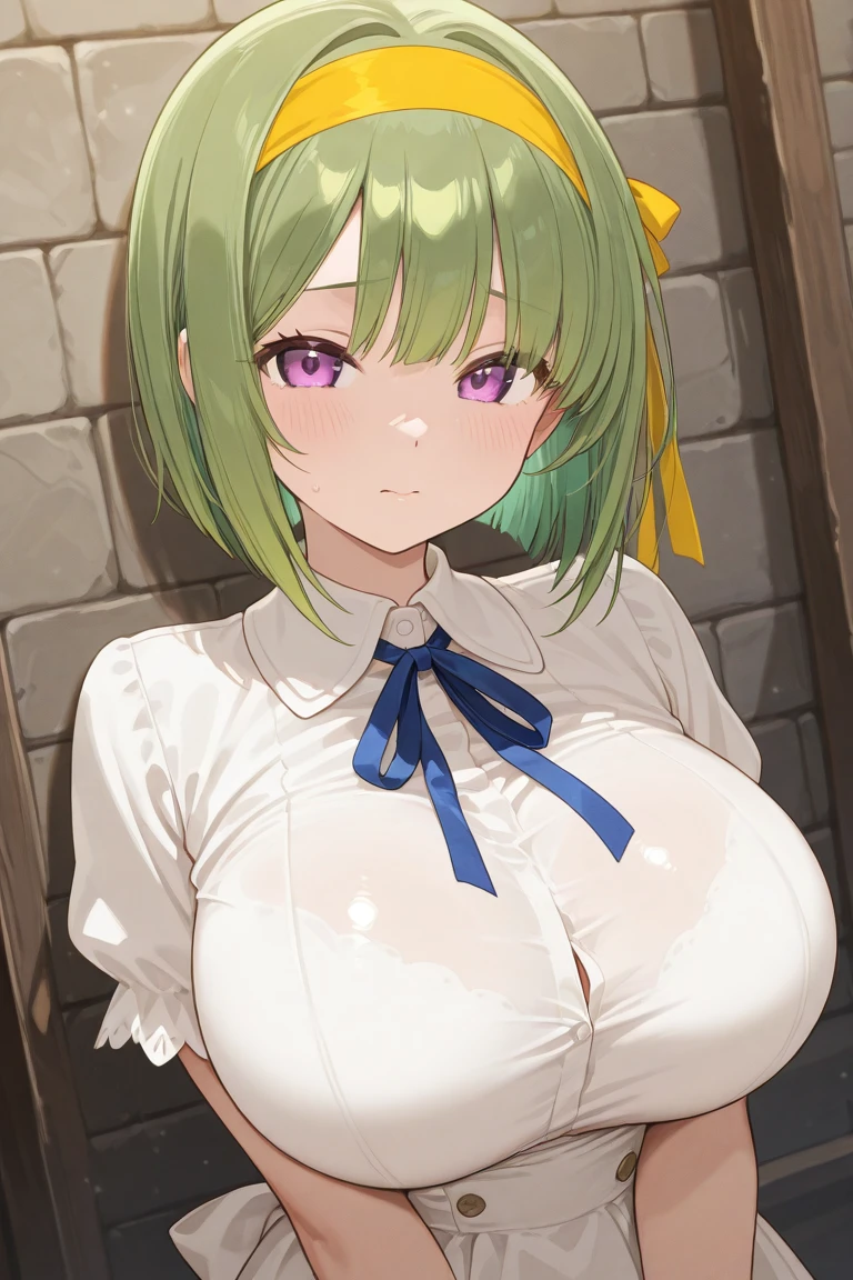 masterpiece, perfect anatomy, Precise, High Quality, 1 European girl, bob cut, (light green hair, wavy:1.1), light green eyes, kind eyes, oval eyes, large breast, (saliva trail, arched back, brush, bouncing breasts, open clothes, breast, nipples, 1boy, squatting cowgirl position, head back:1.2)