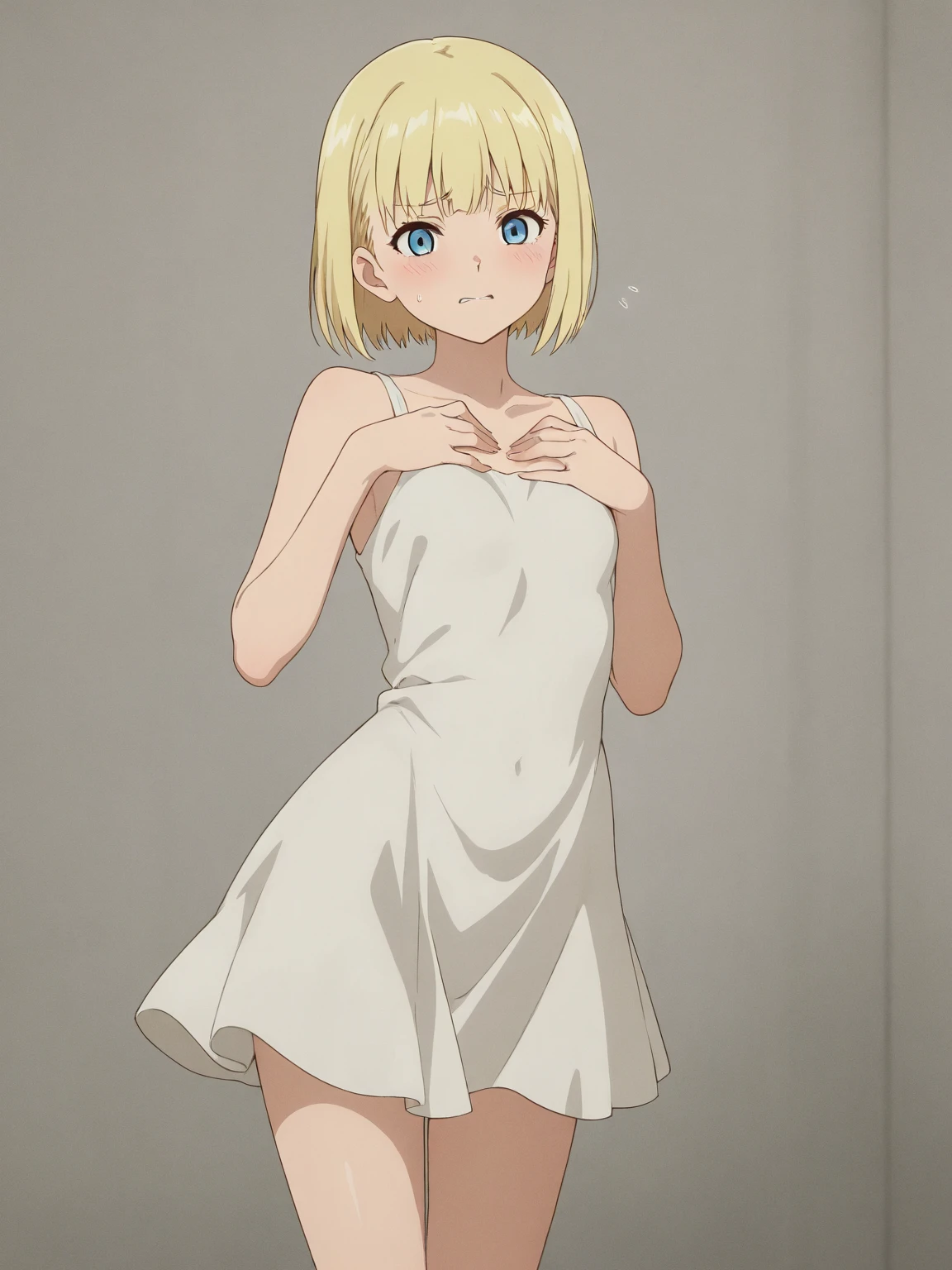 (masterpiece), ((of the highest quality)), alone, blonde ponytail, , smile, White shirt on naked body, white underwear, Open shirt, simple background(little),(littleキャラ) bra and panties