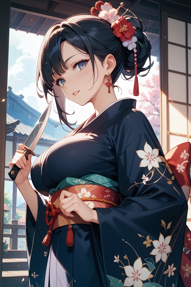 (((highest quality, masterpiece,Like Japan cartoons))), (red eyes,samurai girl),black hair,The back of the head is braided,medium breasts,cleavage,side boob,black kimono,broken kimono,Japan have a sword,Yoto Muramasa,closed mouth,1 girl
