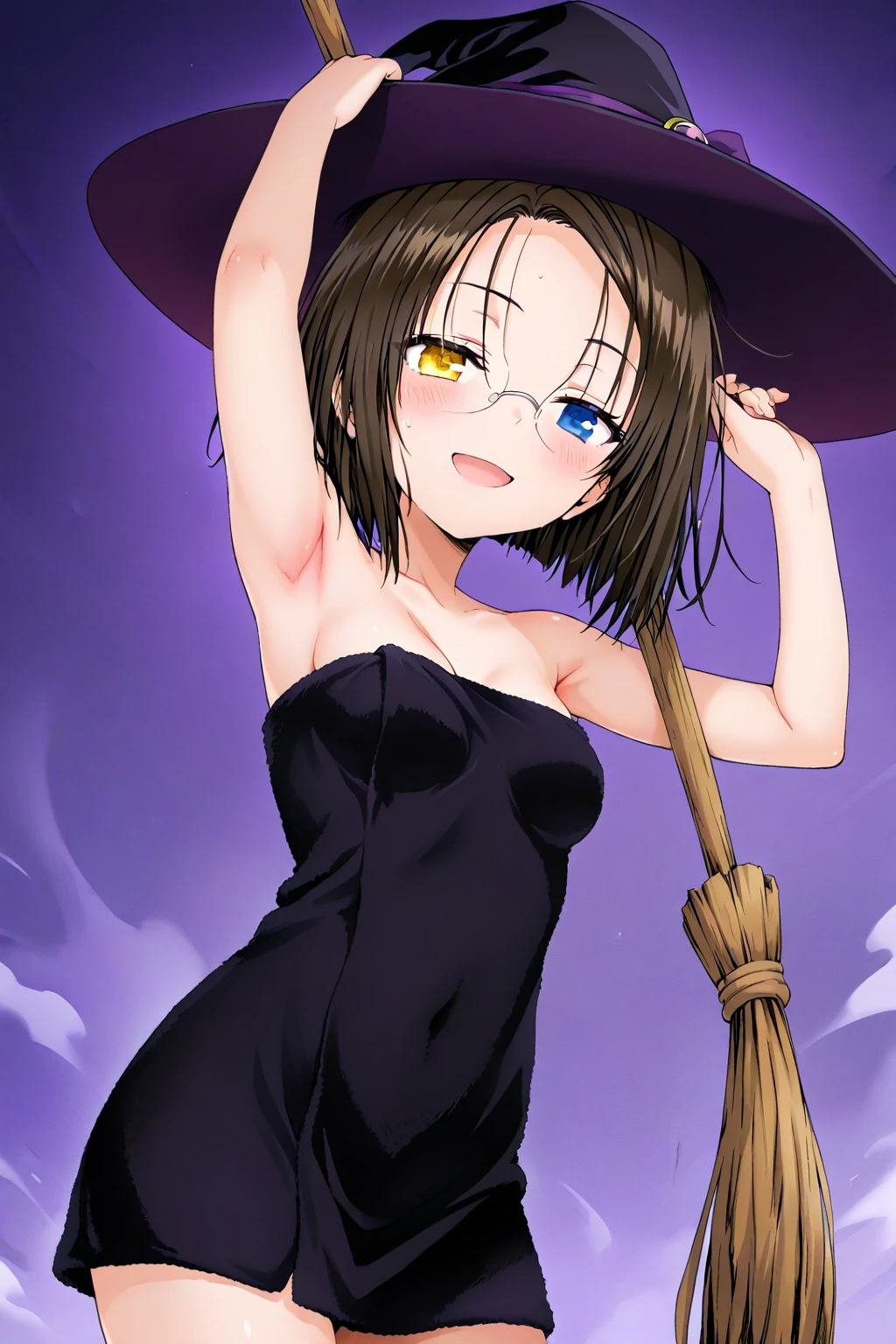 "(masterpiece:1.1), best quality, (NSFW:1.1), 
1girl, (80s anime style:1.3), (eyelashes:1.5), (loli:1.2), 
(intricate high detailed body:1.2), 
red hair, forehead, (hair slicked back:1.2), (short hair:1.1), (witch hat:1.2), 
red eyes, (lip stick:1.3), 
(dark skin:1.4), (small breasts:1.1), 
(angry, smile:1.2), open mouth, (blush:1.2), 
(thong panties, topless:1.1), (heart pasties, nipple cover, pubic hair:1.3), 
(jewelry:1.1), necklace, 
standing, arms behind back, 
(cowboy shot, looking at viewer, from front:1.1),
(daytime, grassland, outdoors:1.2)"