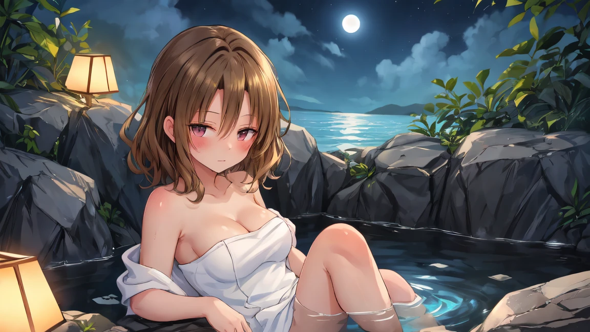 (Ultra HD:1.3), 1girl,looking at viewer,(beautiful detailed blue eyes),(14 years old:1.3), sitting, (amagi_yukiko:1.1), barefoot, (anime eyes), curly Hair, ((Natural open-air bath)), (Super sparkling night sky), (steam), wearing wet bodytowel, ((blister))