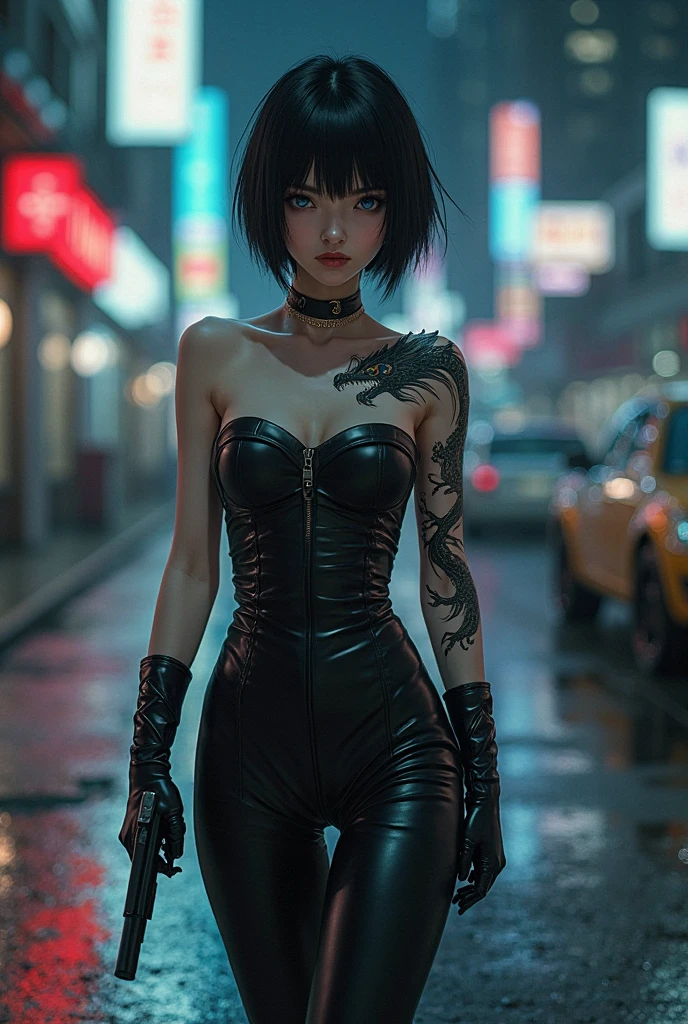 Cinema Lighting,Highly detailed skin、Beautiful details、Highest quality,cyber punk,(Exchange、Dim color, Calm tone、Perfect Anatomy:1.3),(One beautiful woman、Beautiful features down to the last detail:1.3)（Black short hair）Shapely breasts、break.Black Leather Jacket、Black Satin Suit Slacks、.Black Hair、Put your hands in your pockets、Arms crossed、Near city station、night。Japanese, Camel hoof in groin、Camel Toe、ghost in the Shell、Blade Runner、in the drizzle