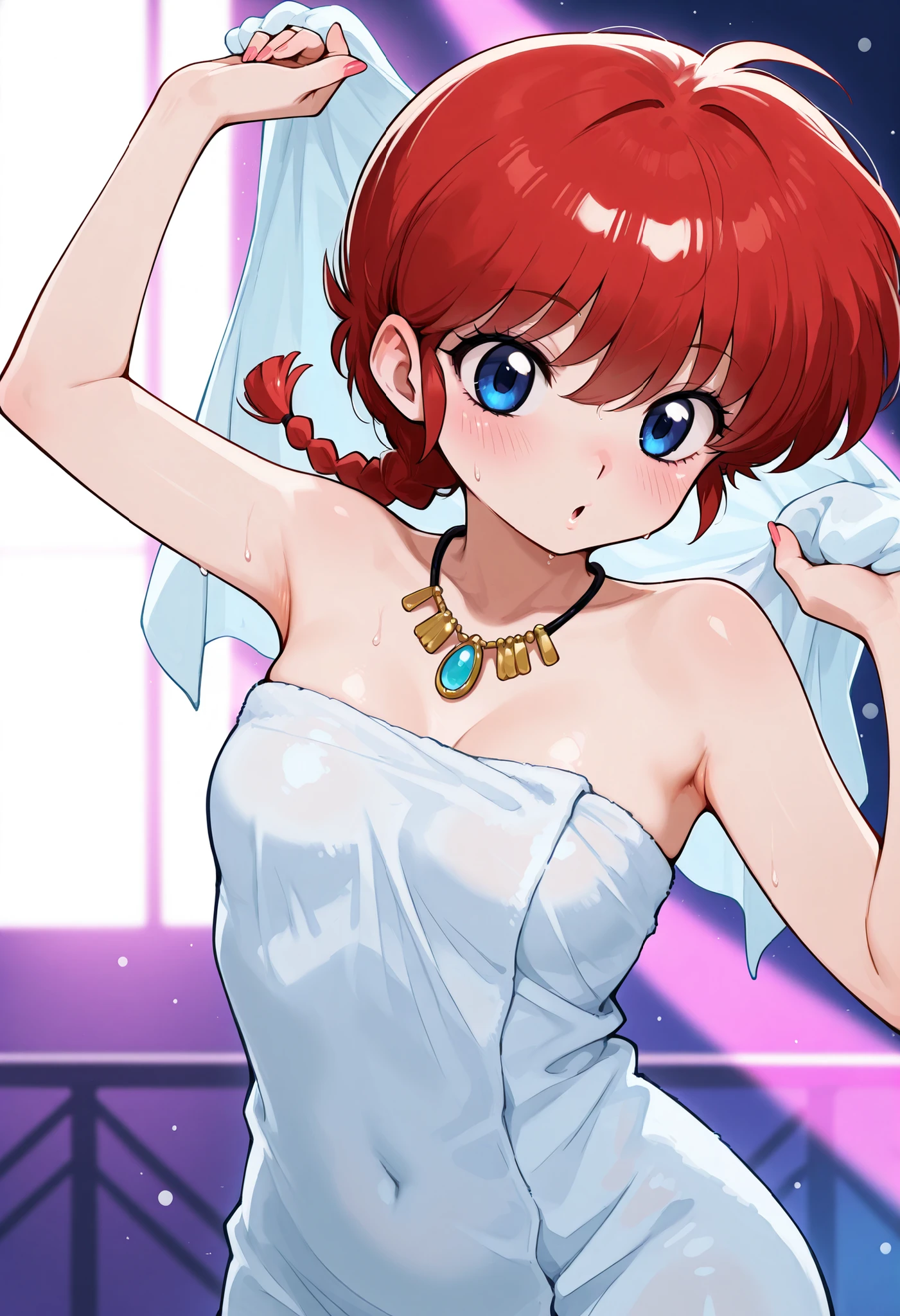 safe_pos, Ranma Saotome. red hair. pigtail. blue eyes. braid. small breasts. huge hips. necklace. black eyeliner. pink manicure. | masterpiece, best quality, amazing quality, absurdres, cowboy_shot, towel covers breasts, wearing towel, white towel, towel, (((dancing))), ((upper body)), masterpiece, best quality, cinematic lighting, amazing quality, very aesthetic, 4k, upscale, absurdres, solo, full body, blush, Flatline style, Flat vector illustration