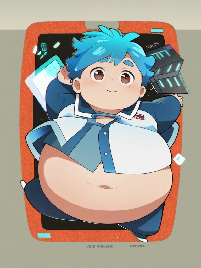 Fat 1girl, body plus, masterpiece, (detailed background), best quality, absurdres, eyelashes, eyeshadow, orange hair, tiny breasts, sitting legs crisscrossed, space ship, window showing space and stars, edward, solo, short hair, smile, barefoot, dark skin, dark-skinned female, blush stickers, goggles, bike shorts, goggles on head, tomboy, midriff, looking at viewer, grin
