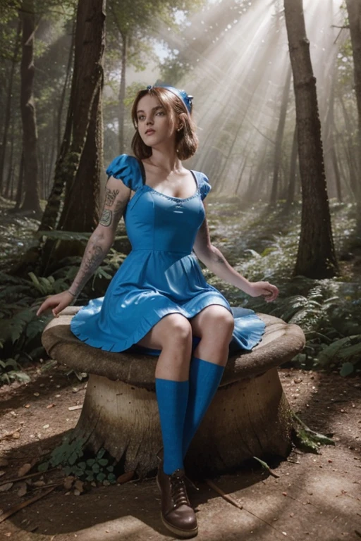 (Muscular:1.8), (thick thighs:1.2), (large round breasts:1), (large muscular chest and shoulders:1), FEMALE, blonde hair, long blonde hair, (big smile:1.6), (wearing blue cute Alice In Wonderland dress:1.6), looking at viewer, (three quarter view:1.3), upper body view, (mushroom forest at night:1.5), dark lighting, detailed skin, detailed eyes, (clean skin:1.5), (very thin waist:1.6), (huge body muscles:1.7), (one protagonist:1.5),