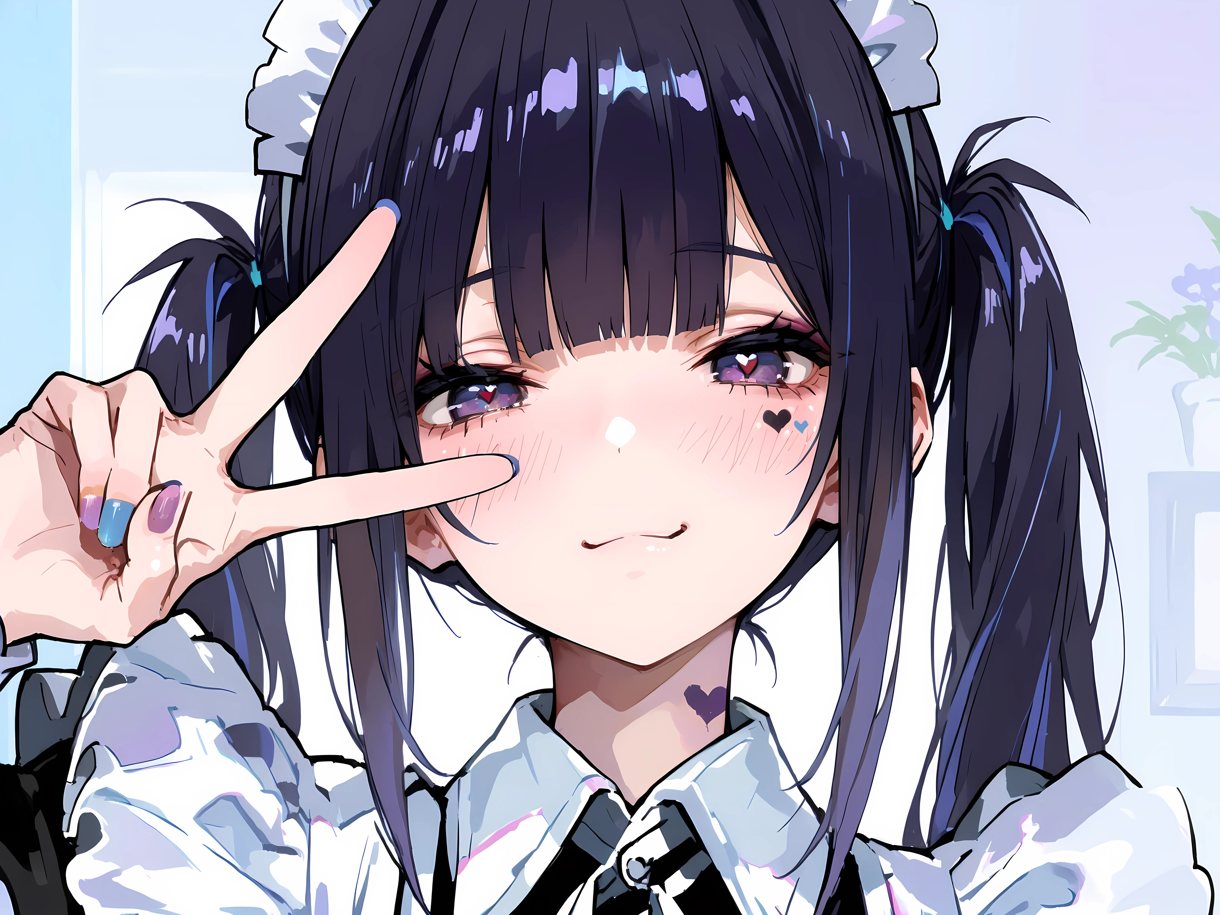 best quality, masterpiece, 748cmstyle, 1girl, heart facial mark, v over eye, nail polish, looking at viewer, purple eyes, purple nails, giggle, dark hair, blush, upper body, smile, maid apron, maid headdress, collared dress, white apron, twintails, blunt bangs, multicolored hair, blue nails, sidelocks, hand up, fingernails