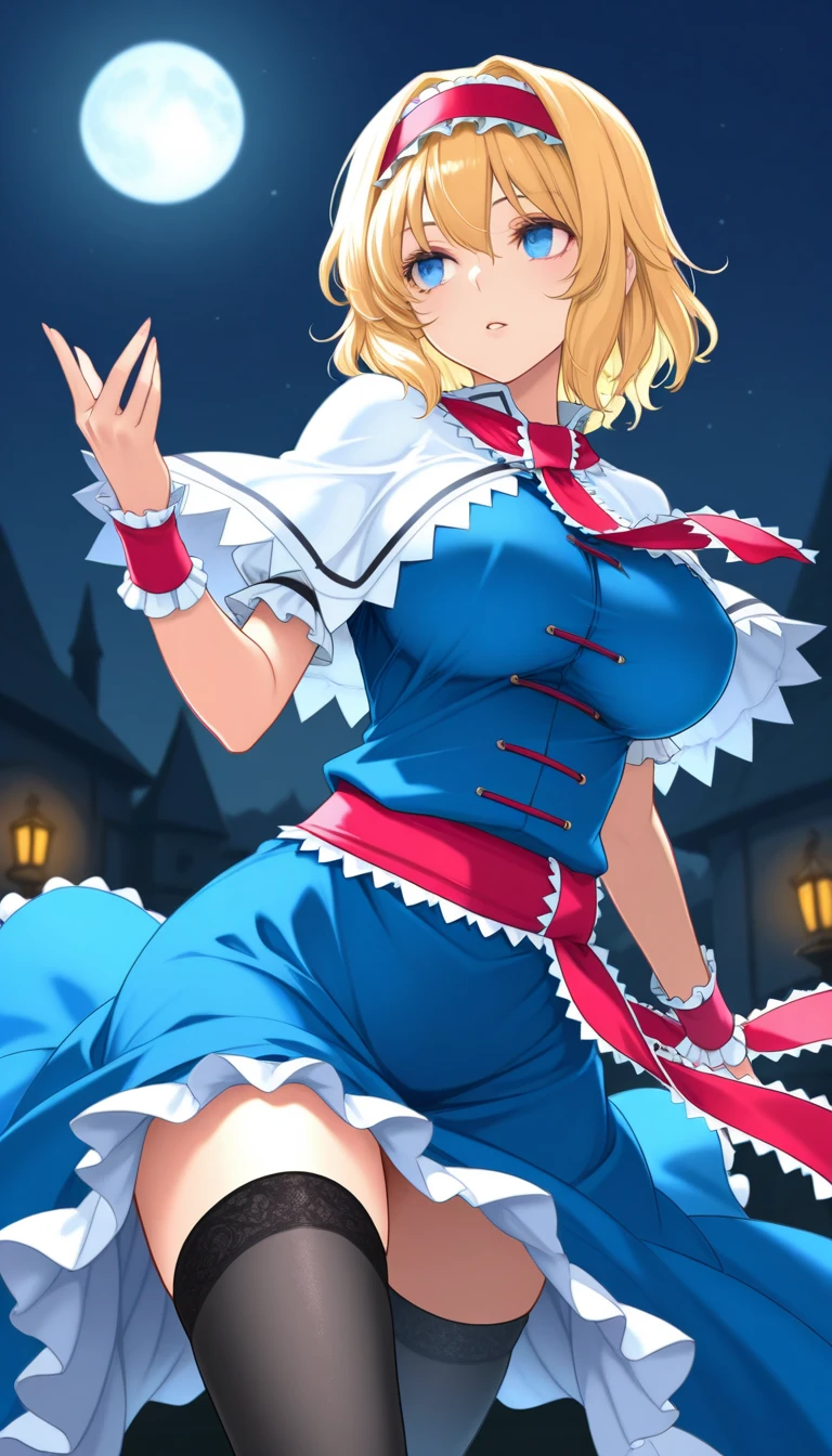 hoshiguma yuugi, european medieval cloths, crazy smile, medium breast, large skirt, long skirt, flipflops, full body, standing, medieval clothing,long skirt,(best quality,4k,8k,highres,masterpiece:1.2),ultra-detailed,(,1.37),portraits,vivid colors,warm tones,soft lighting, sharpteeth open mouth ,smile, double long skirt, long sleeves, white pullover, red and blue skirt,ultra-detailed hands