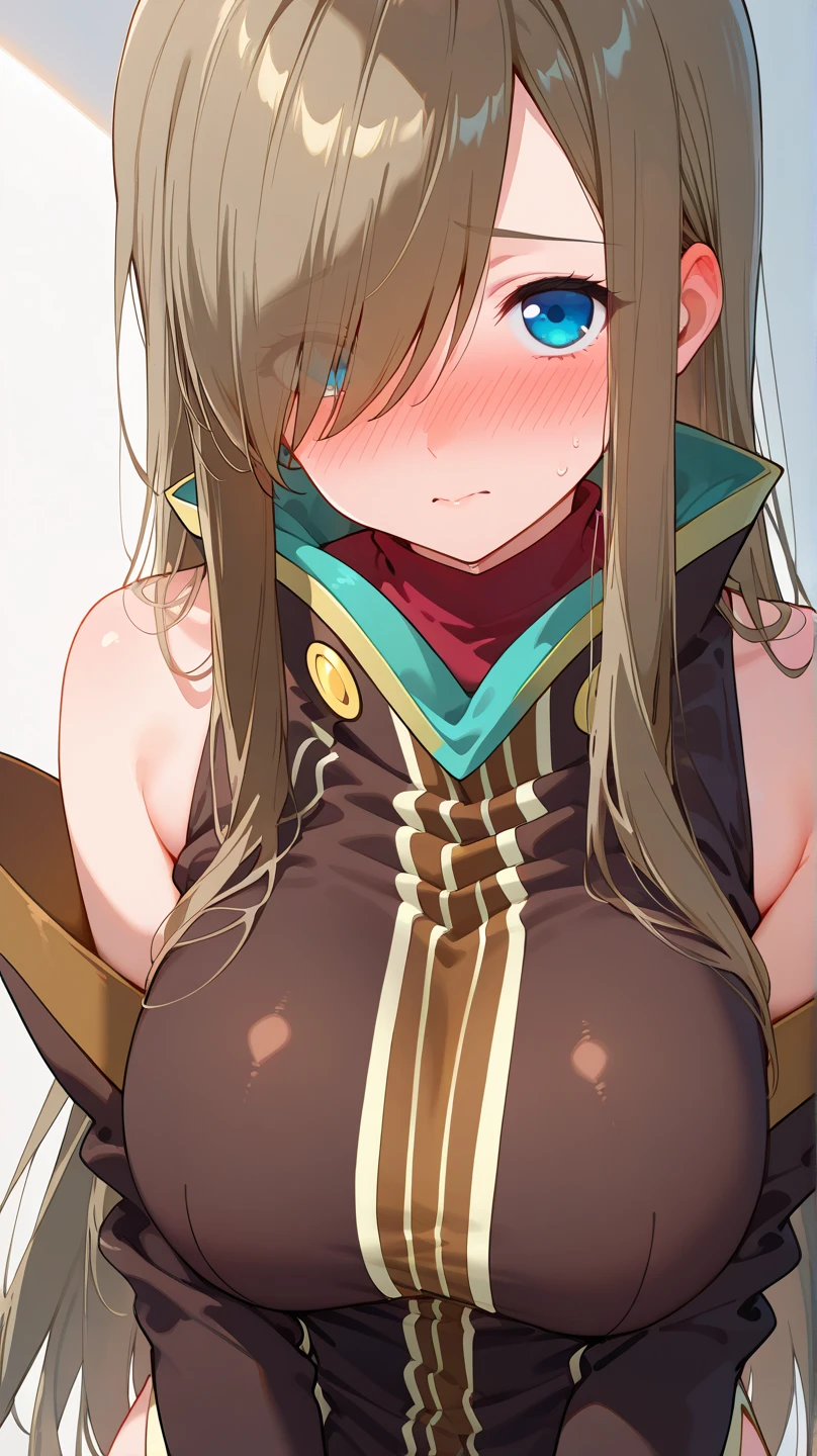 High resolution、((Completely naked))、NSFW、real skin、big earrings、necklace、cowboy shot、off shoulder、((very close))、((Viewers are welcomed with open arms.))、Waiting for a hug、grin and laugh、shy、embarrassing、Japanese style room、slender body、very small breasts、beautiful nipples、delicate body、In the dressing room、pubic hair、Tier Grants、((One eye is covered by hair))、sharp eyes