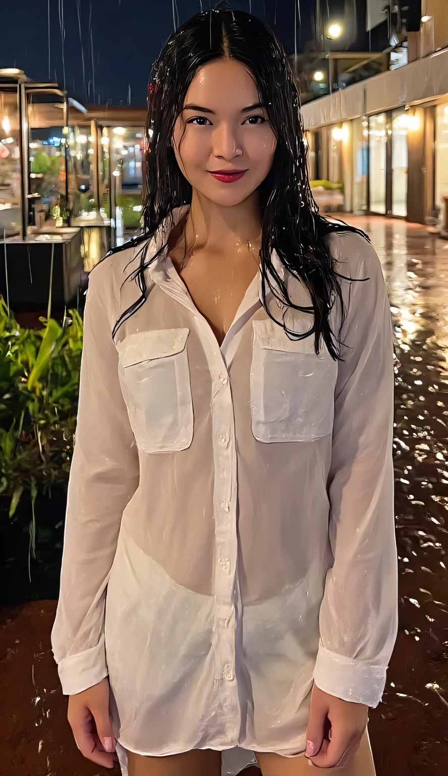a beautiful woman, standing in the middle of the city during heavy rain, shirt looks full body, body facing the camera, transparent white nightgown, underwearless, wet shirt , White leggings , big g-cup, tubuh basah, wet hair , tubuh sexy, bibir merah, seductive face