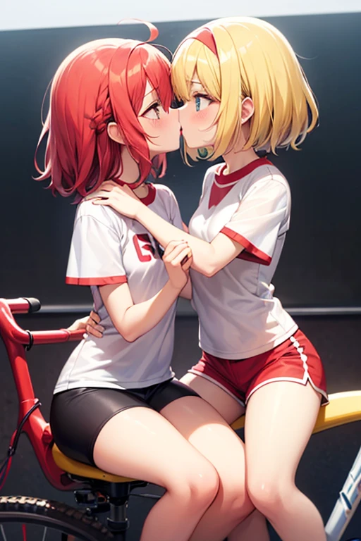 (best quality, masterpiece1.2), 2girl, blush, woman, sexy, detailed, extreme detail, perfect lighting, 4k, vivid colors,(((sitting on bed))),(((sitting))),bedroom,wooden floor,shinning wooden floor, wide hips, (large breasts:1.2) BREAK anime style, source anime,(legsless, armsless:1.2),(high angle),smile,(centered),twintails,((sport shorts)),black top,multiple girls,kissing,lesbian