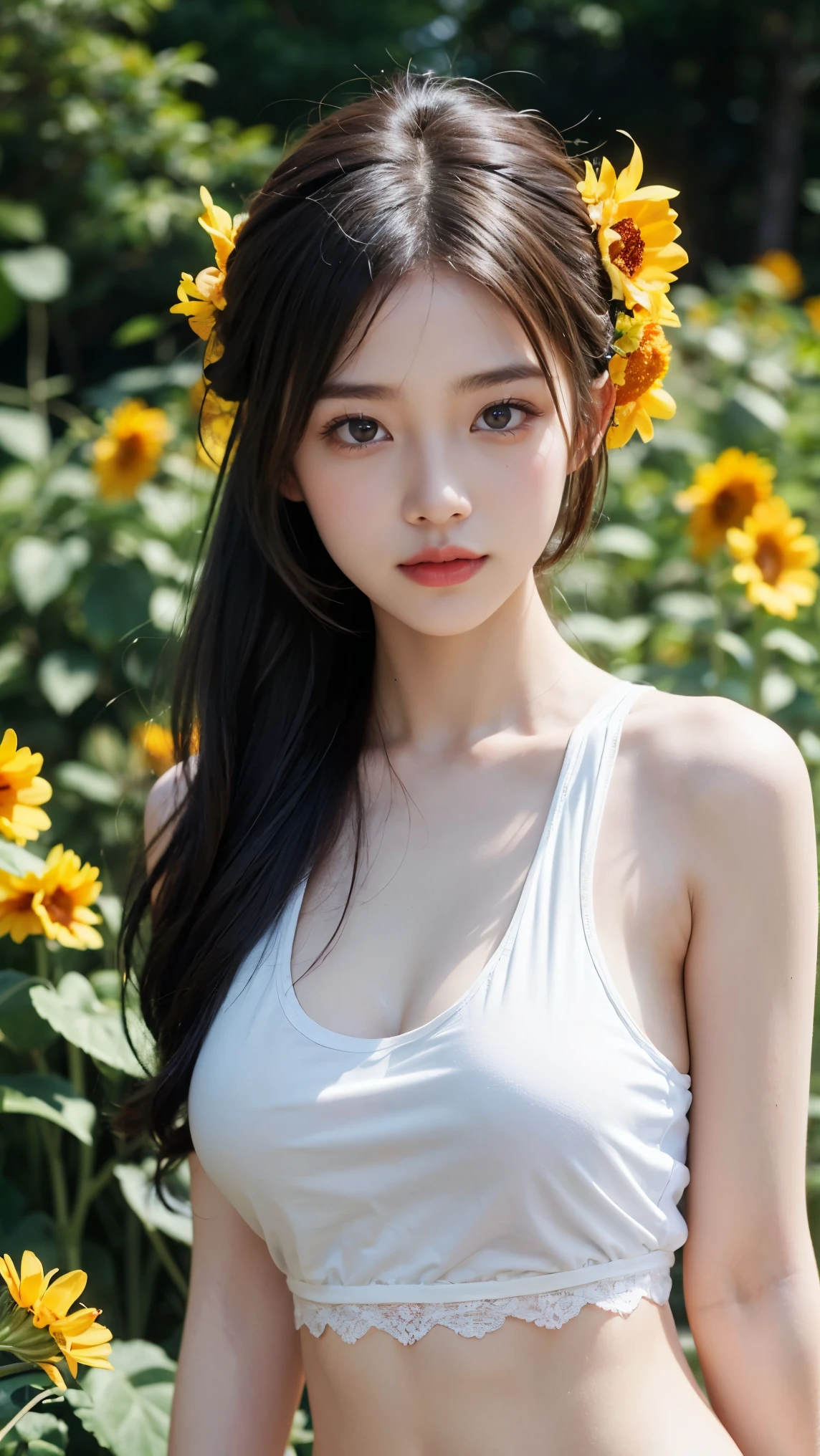 (Raw photo, Best Quality), (Realistic, photographrealistic: 1.3), Best Quality, Highly detailed, masutepiece, ultra-detailliert, Illustration, 1 girl, The upper part of the body_Body, Dynamic Angle, extremely detailed CG unified 8k wallpaper, inky, amazing, Movie Upper_Body, Dynamic Angle, World Mastery Theater, Messy_long_hair, Best Quality, extremely detailed CG unified 8k wallpaper, inky, amazing, movie lights, lens_f lare, dunhuang_Style, Detailed face, beautiful render of tang dynasty, (Intentional expression: 1. 5), stands in a flowering field, (Looking up at the stars: 1.2), Sony Mastershot, Woman taking photo in front of TV, inspired by Fei Danxu, brown hair and bangs, High-resolution screenshots, nicovideo, normal hands, Vivid colors, full face shot of rimuru tempest, Nice studio lighting, VHS Screenshots, Beautiful Fine Face,sexy lingerie
