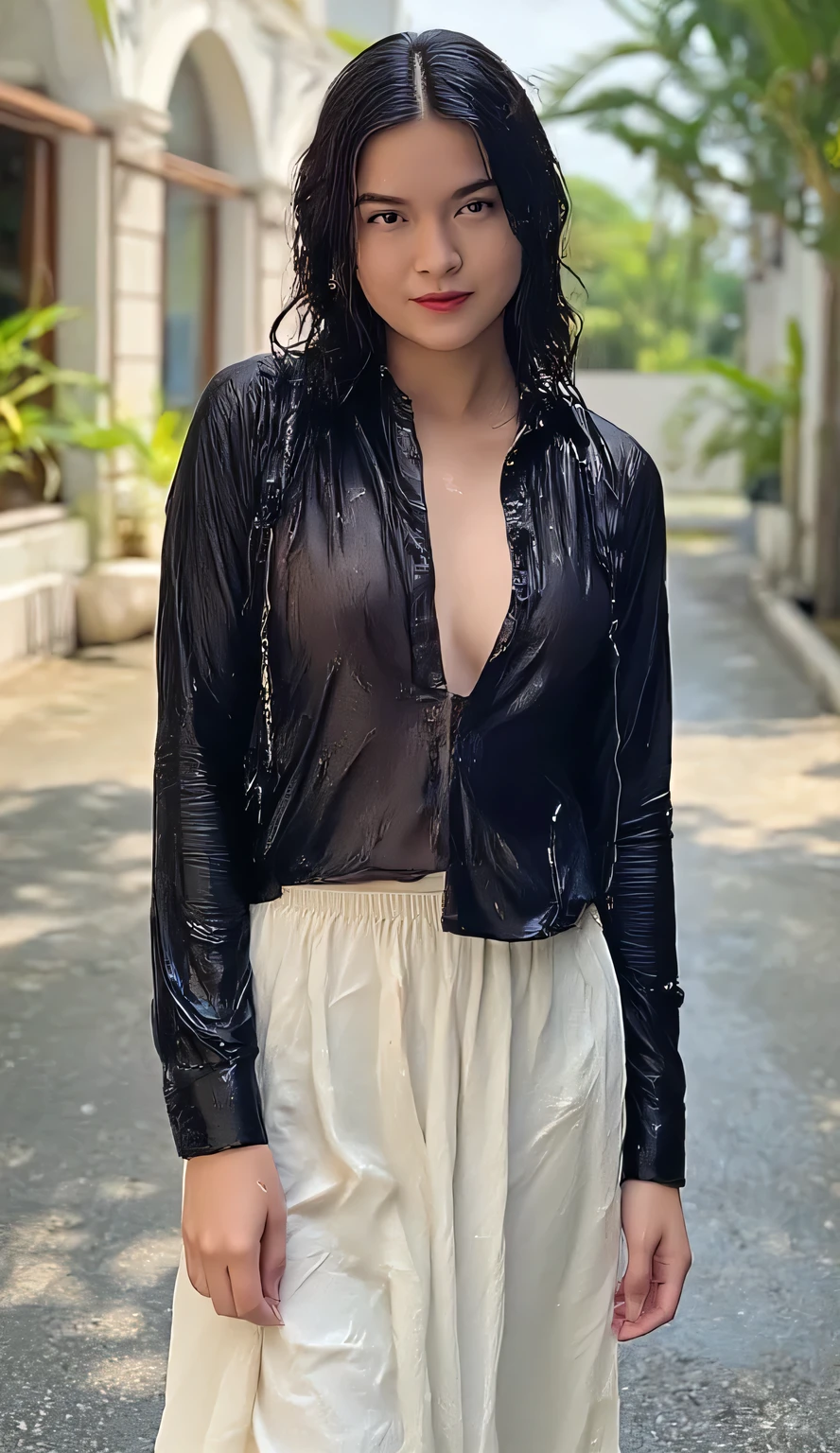 a beautiful woman, standing in the middle of the city , hujan deras, shirt looks full body, body facing the camera, transparent black open shirt, underwearless, wet shirt , long skirt leggings white color, big g-cup, tubuh basah, wet hair , tubuh sexy, bibir merah, seductive face
