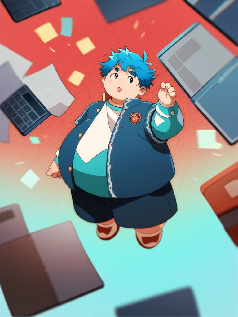 Full Body Blue, Body Noise-Sensing, as a computer folder, Wearing School Uniform, chubby , cute, with a big belly to reveal clothes, Fatty, No Glasses , With hair, Overweight, Big belly, anime style