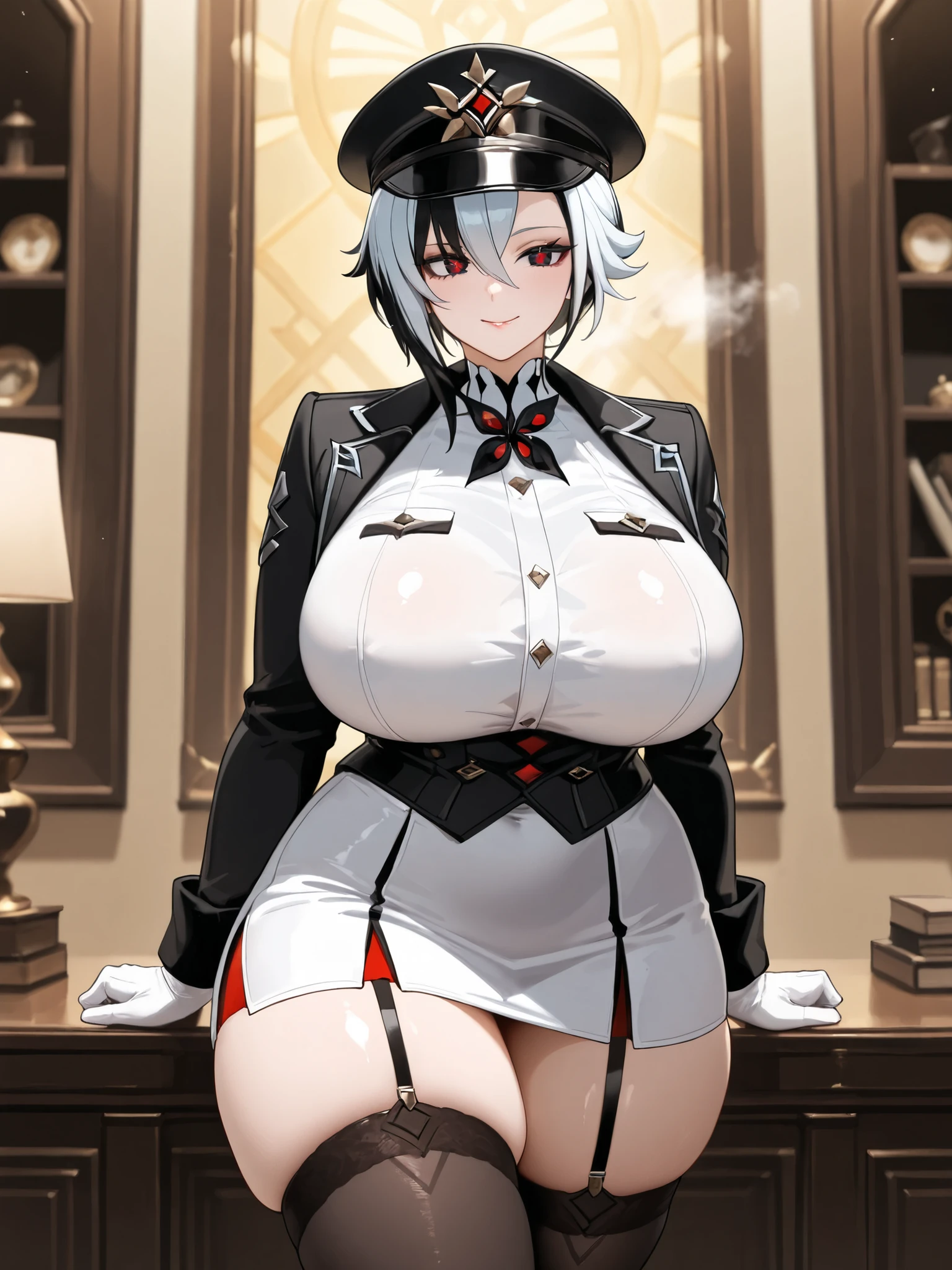 ((Masterpiece, top quality, super definition, ultra definition)), Solo, Full Body, (27-year-old Gothic woman in black leather German official uniform), wearing an army leather hat, (((Clear expression of body unevenness)), looking at the camera, (sitting with her back to the wall and bent knees), female body, nipple shape stands out, large breasts, red eyes, black bob hair, front zoom, horizontal seat, yandere, strong makeup, constricted pupils, deep shadows, SFW, dark, detailed hands, tall woman, sadistic smile, dynamic angle, scattered crotch, deep shadows, 8k resolution