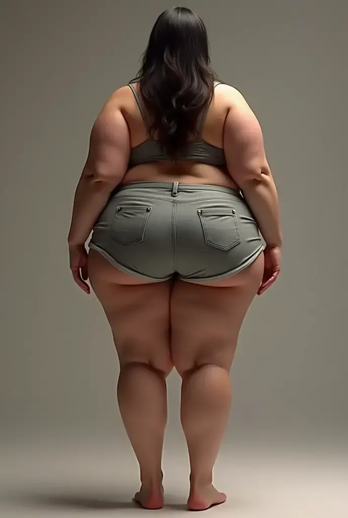 Young college girl, 5'4" indian with an enormously huge phat ass, 235lbs with a diminutive stature and a pear shaped bottom heavy figure, massive 120" wide hips, humongous soft breasts, cute nose, stretch marks, undersized bra and panties, ((rear view, full body shot))