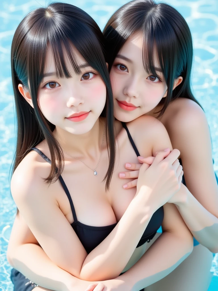 NSFW,(2girls:1.5),bikini、ponytail、(Big Tits、busty breasts 1.8、valley)、double eyelids、Tear bags、Big, round eyes、Long eyelashes)、highest quality、Beautiful sea