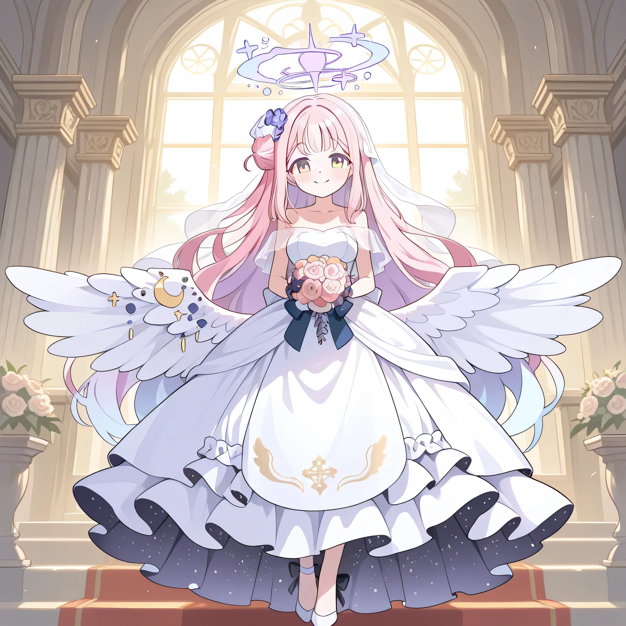 mika (blue archive), wedding dress, Wedding Venues, {{{Highest Quality}}}, {{super detailed}}, {Illustrations}, {{very delicate and beautiful}},cute,full body,happy, smile,blush,
