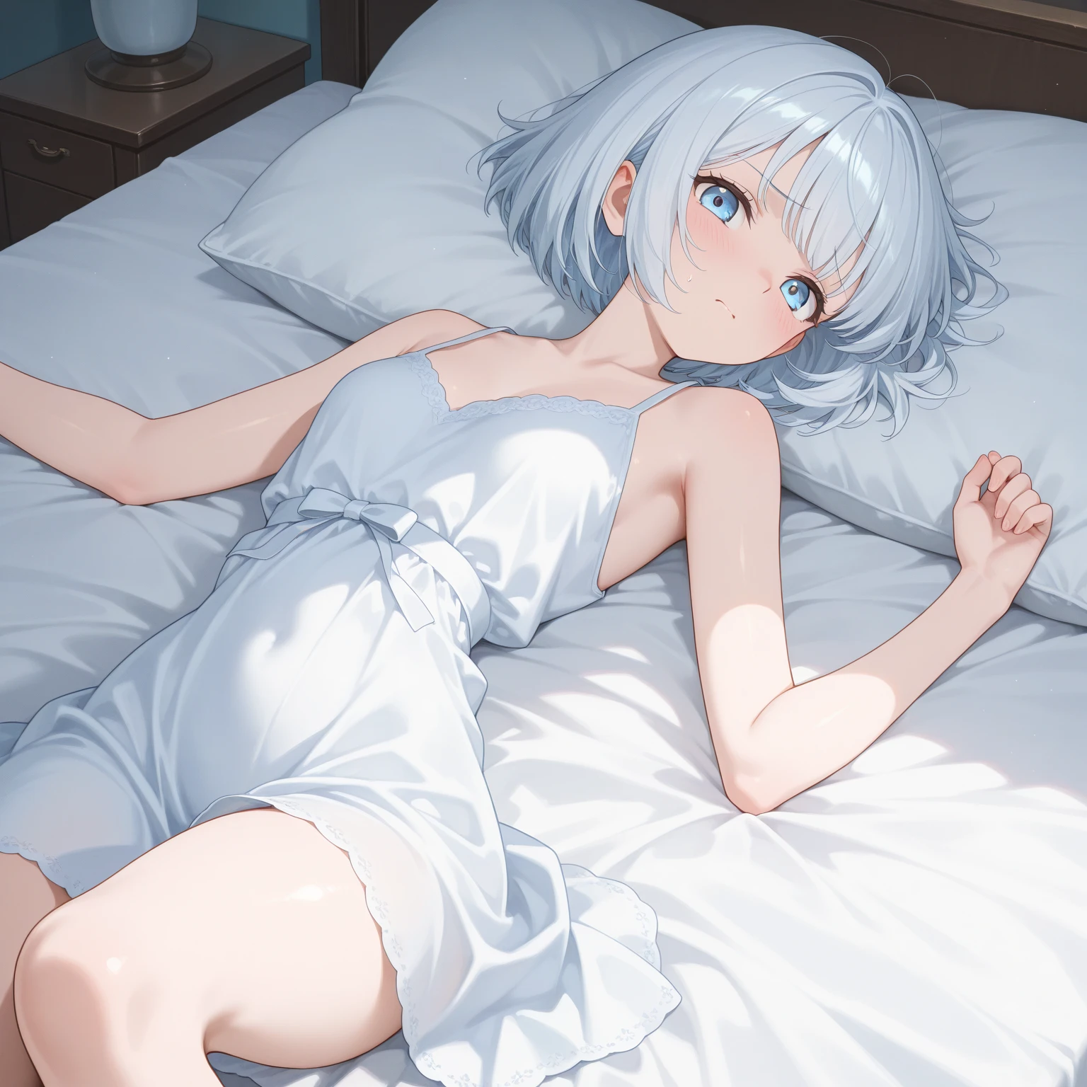 (((See details: 1.4))) Kindergarten children, (Sit down (bed), (((Half naked))), Cinematic Light, Curvaceous and slim body, Her skin is pure white, soft, Smooth and, ((NSFW)), Very delicate and beautiful CG illustrations, highest quality, High resolution, Dynamic Angle, full-length lens, (1 girl), floating, soft light, High key lighting), Dazzling Light, Purple halo, fluttering background, (((Wearing only a white (Pure) Tank top))), ((Very cinematic: 1.5))