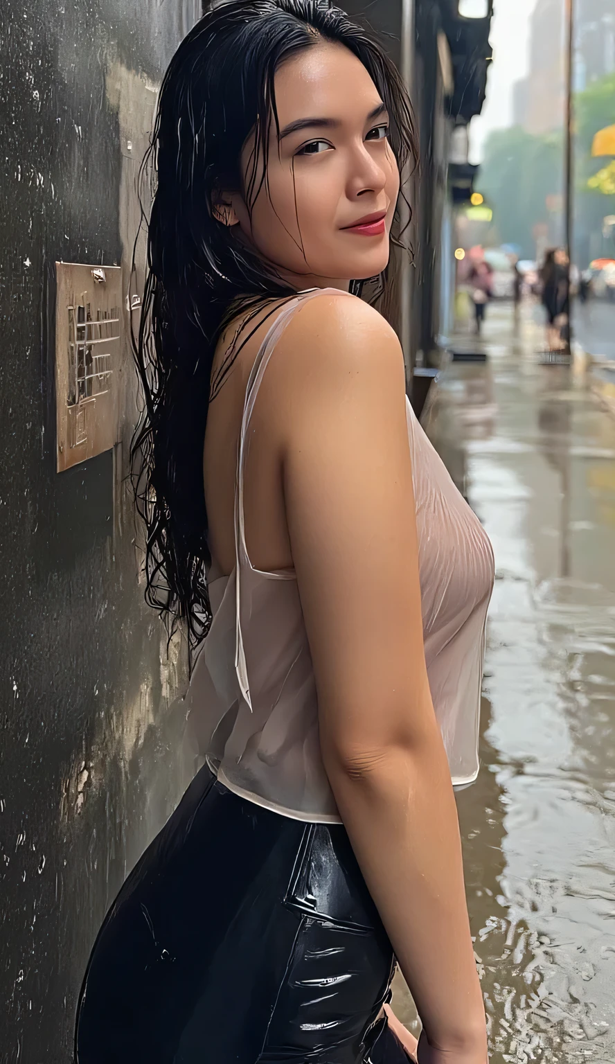 ((Tamara Taylor)), ((tall slender woman)), ((long legs)), ((hairstyle bob)), ((short black hair)), ((perfect figure)), It's evening and the woman is standing in the garden in the pouring rain, (she's wearing a crop shirt:1.6), (she's wearing a silk skirt:1.4), (her clothes are very wet, 1.5), (((small_breasts))), (photorealistic:1.2) (best quality) (intricate details) (8K) (High Poly) (Raytracing) (Cinema Lighting) (Sharp Focus) (Detailed Face:1.3), realistic skin textures, soft face, beautiful natural skin, beautiful face, (beautiful natural skin), suntanned skin, ((beautiful face)), seductive look, (perspective from the side), ((crisp buttocks)), (the wind blows up the skirt)