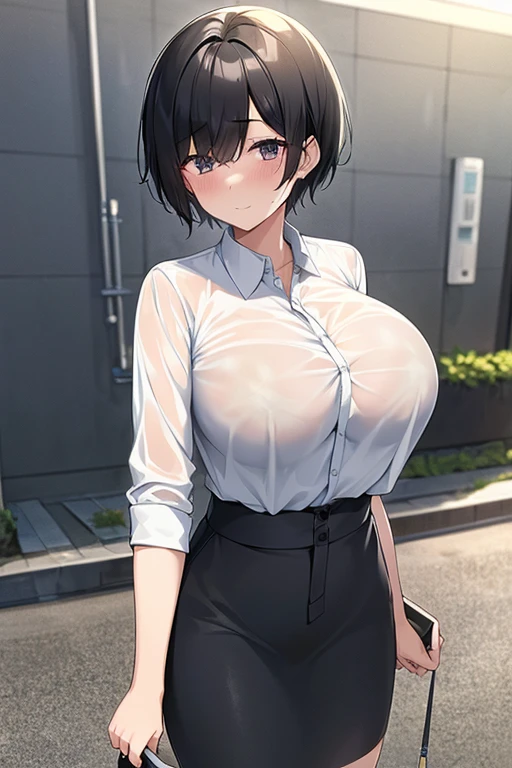 1girl, solo, (tomboy:1.2), (upper body:1.2), standing,
short hair,
looking at viewer,
smile, closed mouth, ntrgao,
huge breasts, gigantic breasts,
white shirt, shorts, denim,
indoors,