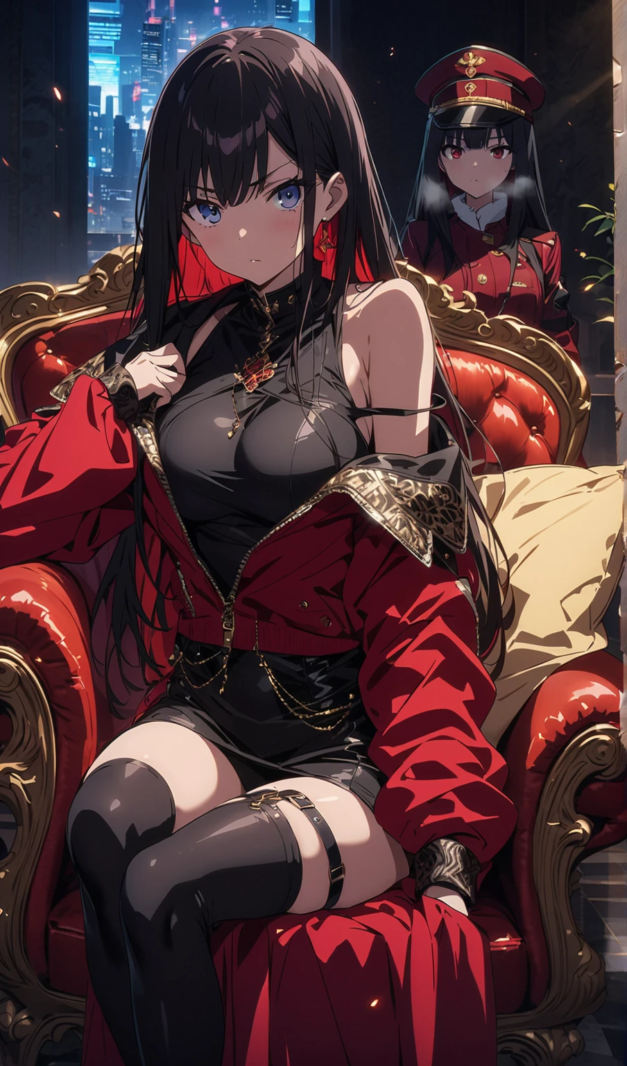 Highest quality、Highest quality、Masterpiece、girl((Metal body,Age 25、as soon as、Highest Bust、Medium Bust、Wide open chest、Red glowing eyes、Black Ear、Red Mesh、Disheveled Hair、Loincloth、thin、The best valley、Open chest、Red Cape、hair ornaments、Full body view、Black short-sleeved hoodie、Red pants、Ruby Necklace、No underwear、hat,Intoxication、Sit on a chair、Crossing your legs))、high quality、Beautiful Art、background((night、Red room、Cool chair,Cool chess board、table、red wine))、flight、Flying Debris、Depth of text、movie、Visual Arts、Perfect Art、8K、Genuine、Special Angles