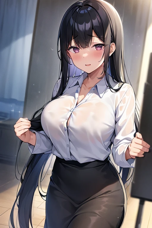 A girl,Black long hair,High Ponytail,Lilac pupils,Big breasts,20 years old,Humanity,A bit dull,mild,Dress conservatively