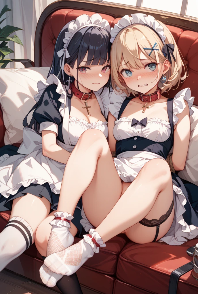(footjob), Masterpiece、Highest quality、Highest quality, (long and thin legs, shoes:1.2), Arm behind wrist, squat、Spread your legs、1 girl, (smile、Open your mouth大笑い:1.2), Cute eyes, (Detailed face:1.3)、Open your mouth, The whole face turns red, alone, Oversized breasts, Big and ample breasts, (Straight bangs, Twin tails), White maid outfit、Side bust、Underbust、belly button、Walking through the mansion'corridor、nsfw、shoes下